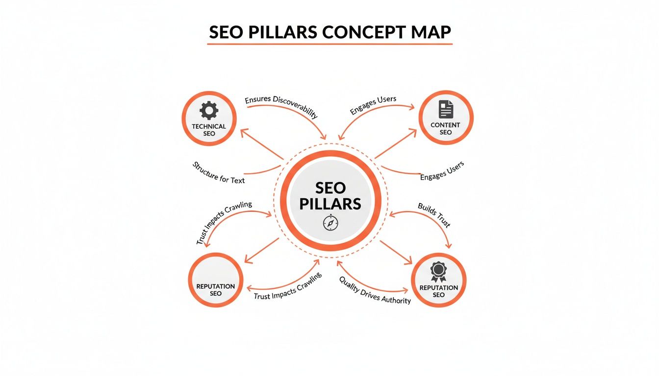 Concept map showing SEO pillars: Technical, Content, and Reputation, with their interrelationships.