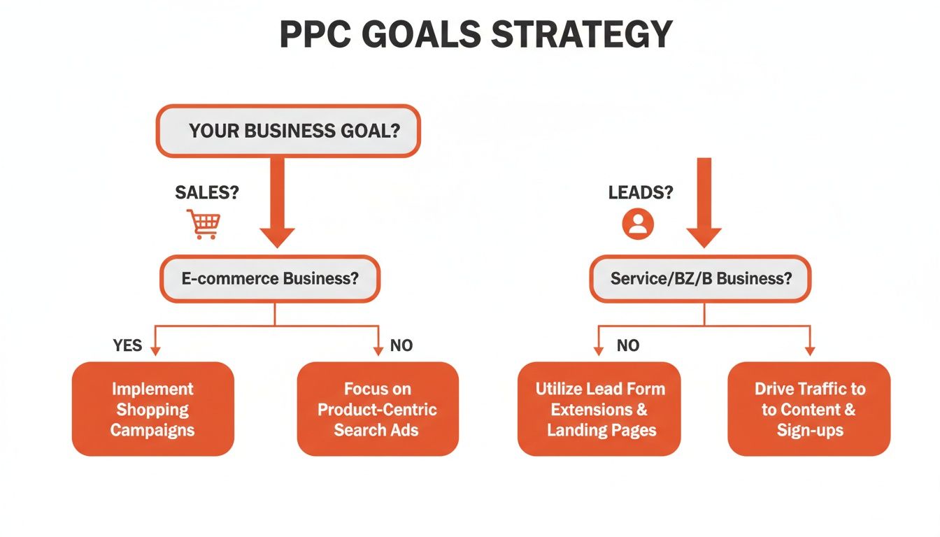 PPC goals strategy flowchart outlining campaign types based on sales, leads, e-commerce, or service business.