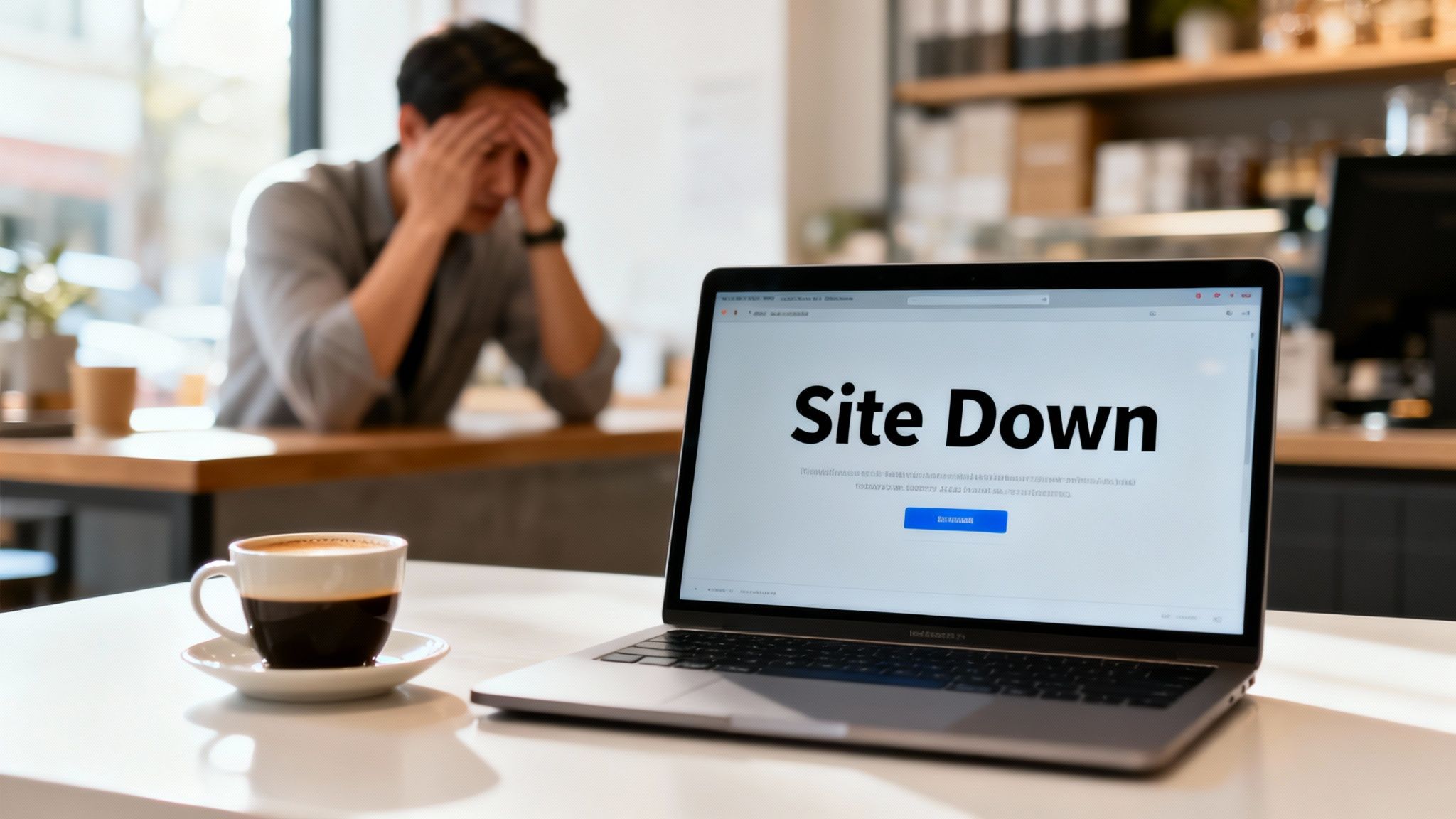 A distressed man in the background with his hands on his face, a laptop displaying 'Site Down' in the foreground next to a cup of coffee.