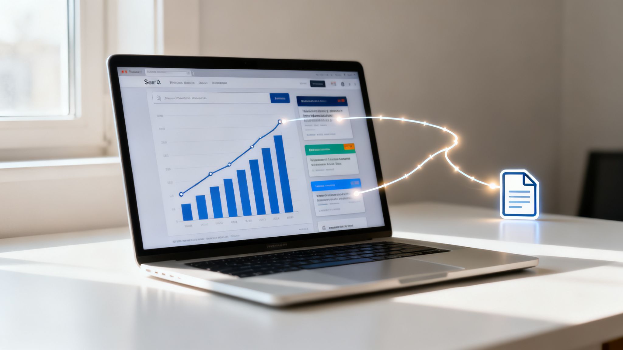 A laptop displays a rising bar chart and line graph, with a glowing data connection to a document icon.