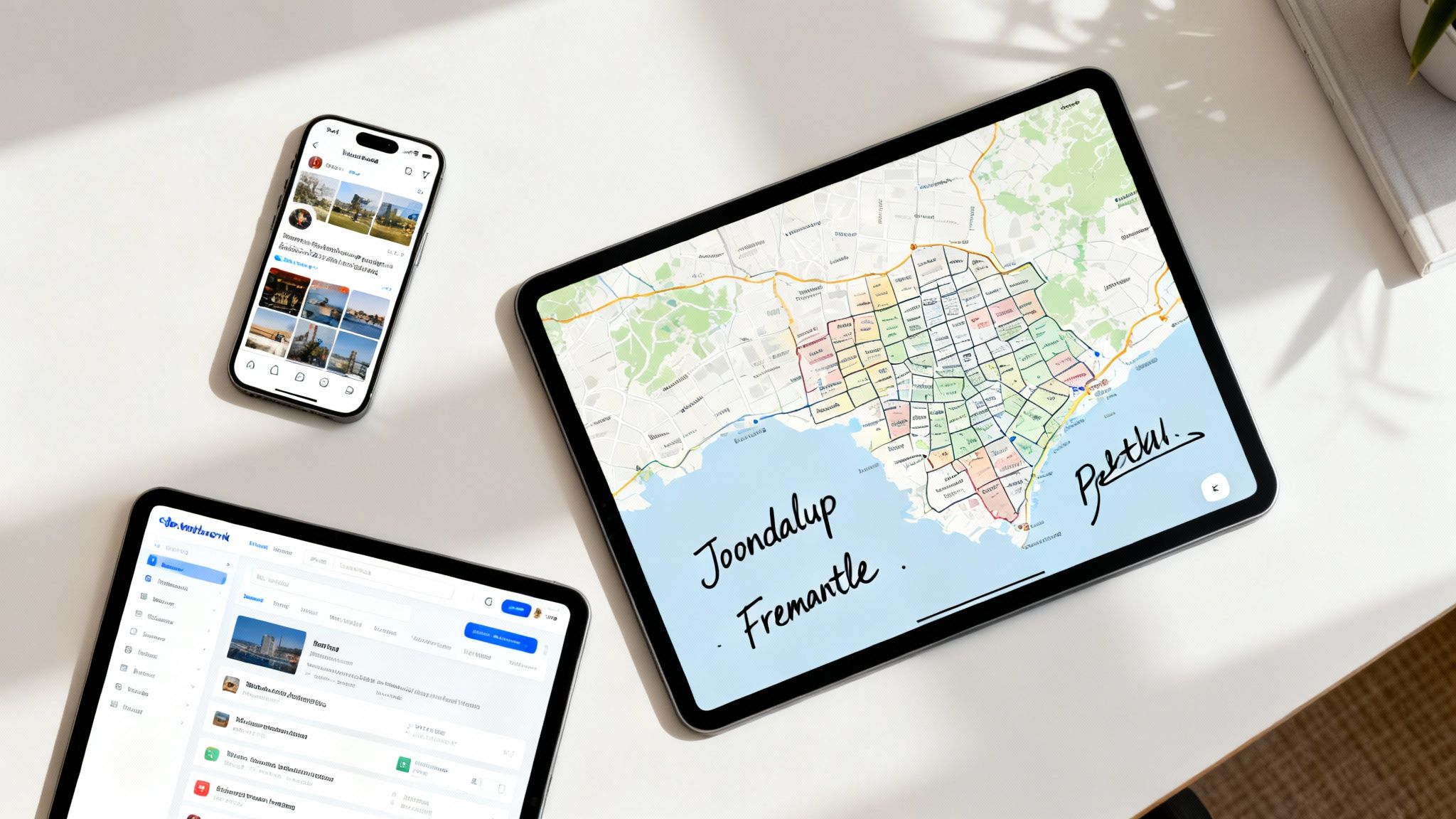 Three devices showing social media apps and Perth map with handwritten suburb names on tablet