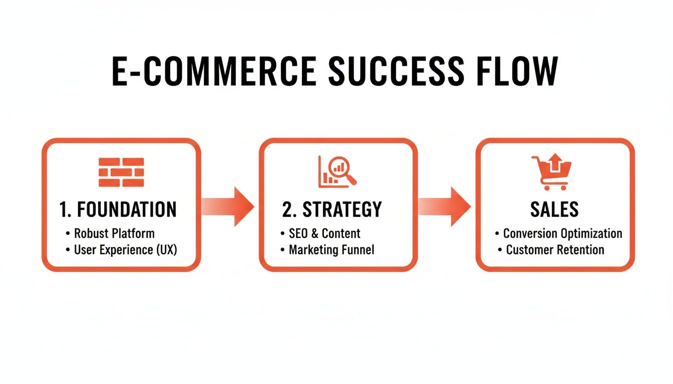 Diagram illustrating the E-commerce Success Flow, detailing steps from Foundation to Strategy and Sales.