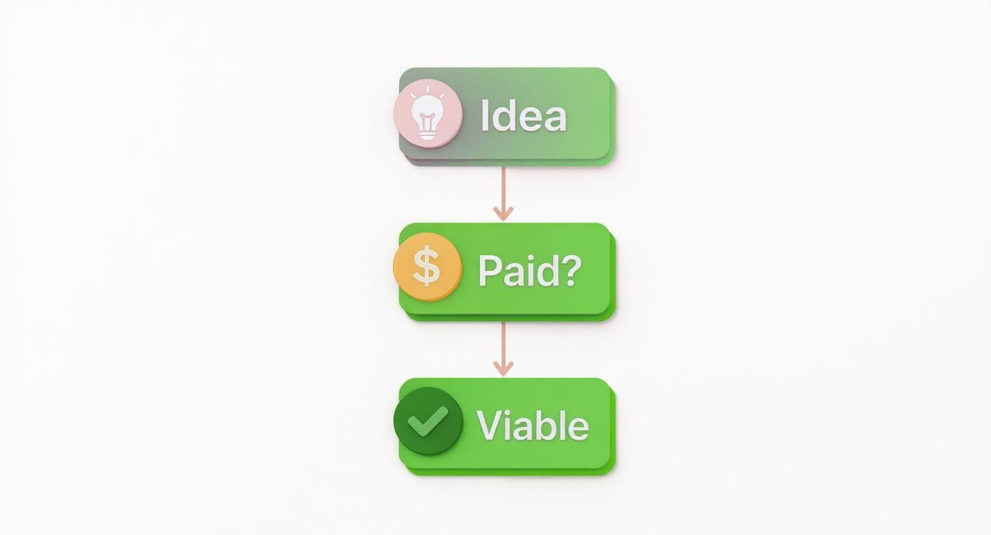 Three-step flowchart showing idea validation process from concept to paid customer to viable business