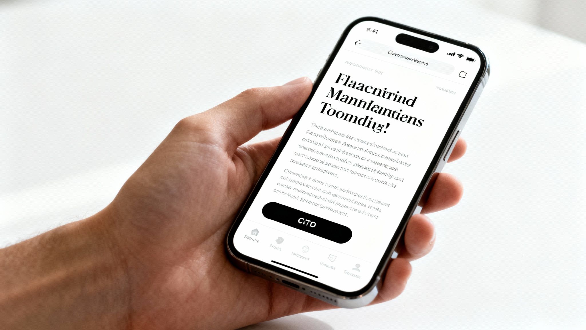 A hand holds an iPhone displaying a mobile app with a title and content.