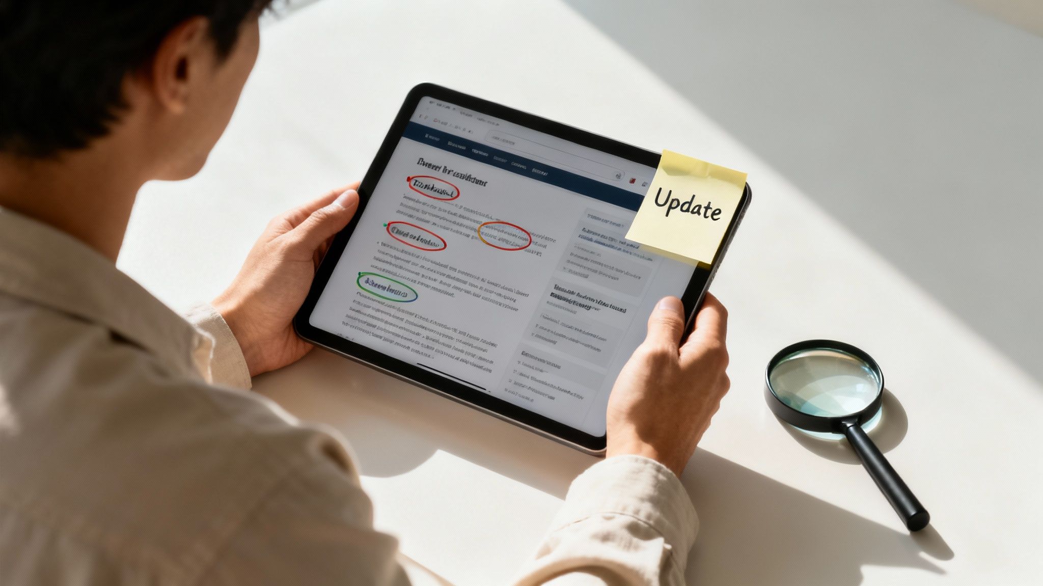 Gardening tools next to a laptop, representing website content maintenance