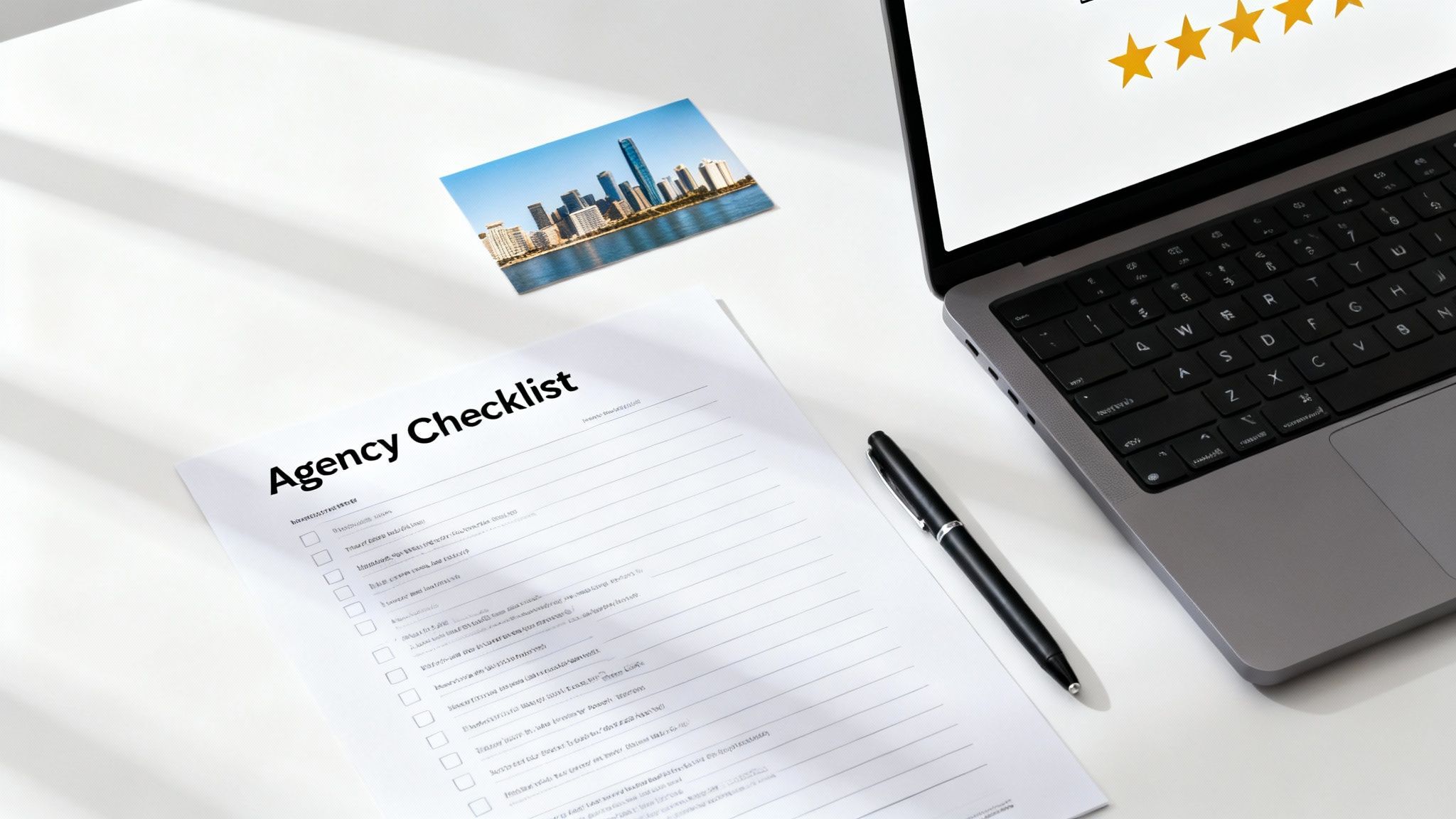A top-down view of a white desk with a laptop displaying a 5-star rating, an agency checklist, a pen, and a cityscape photo.
