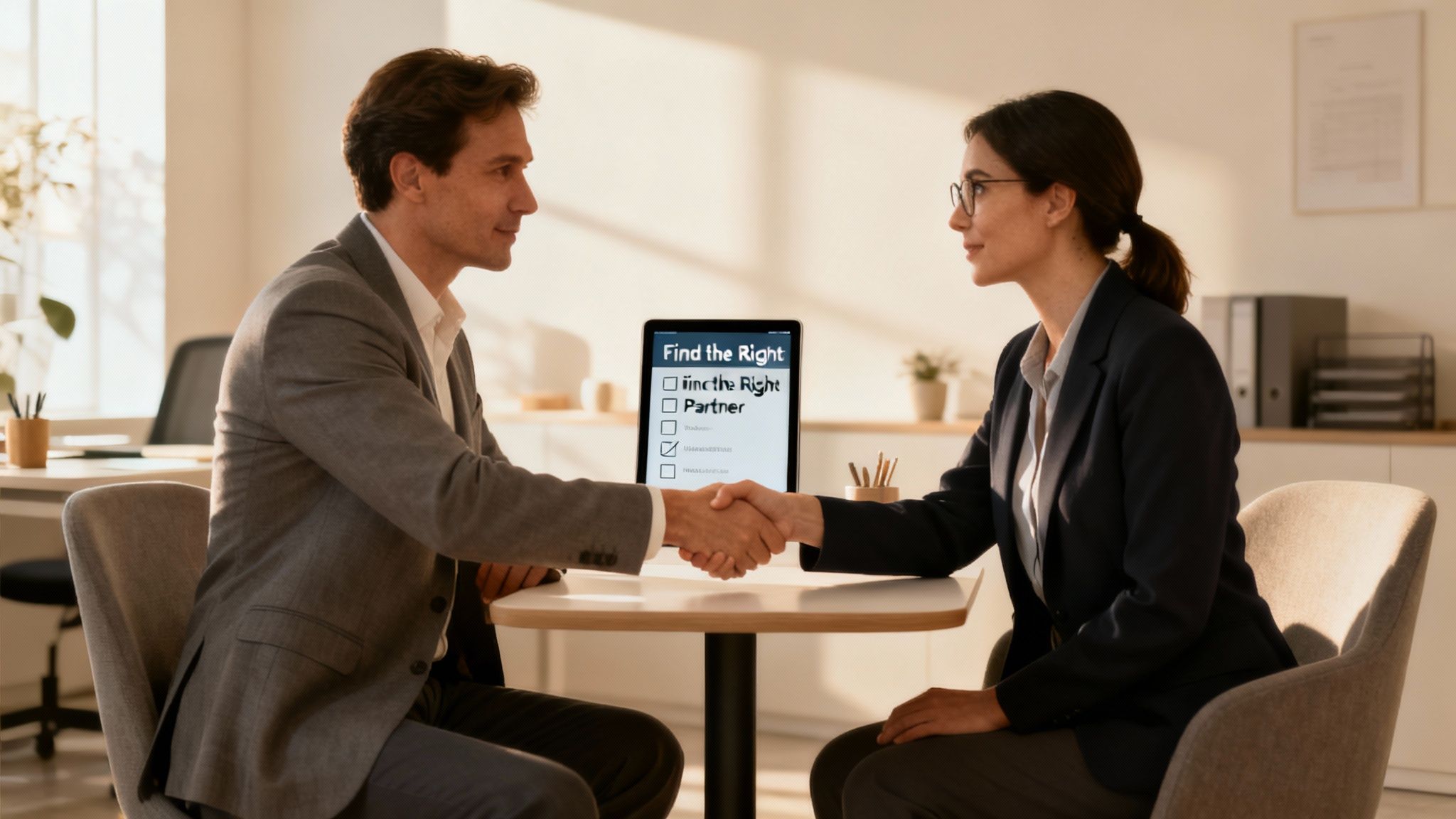 Two people at a desk, one pointing at a laptop screen, symbolising the selection of an online marketing consultant.