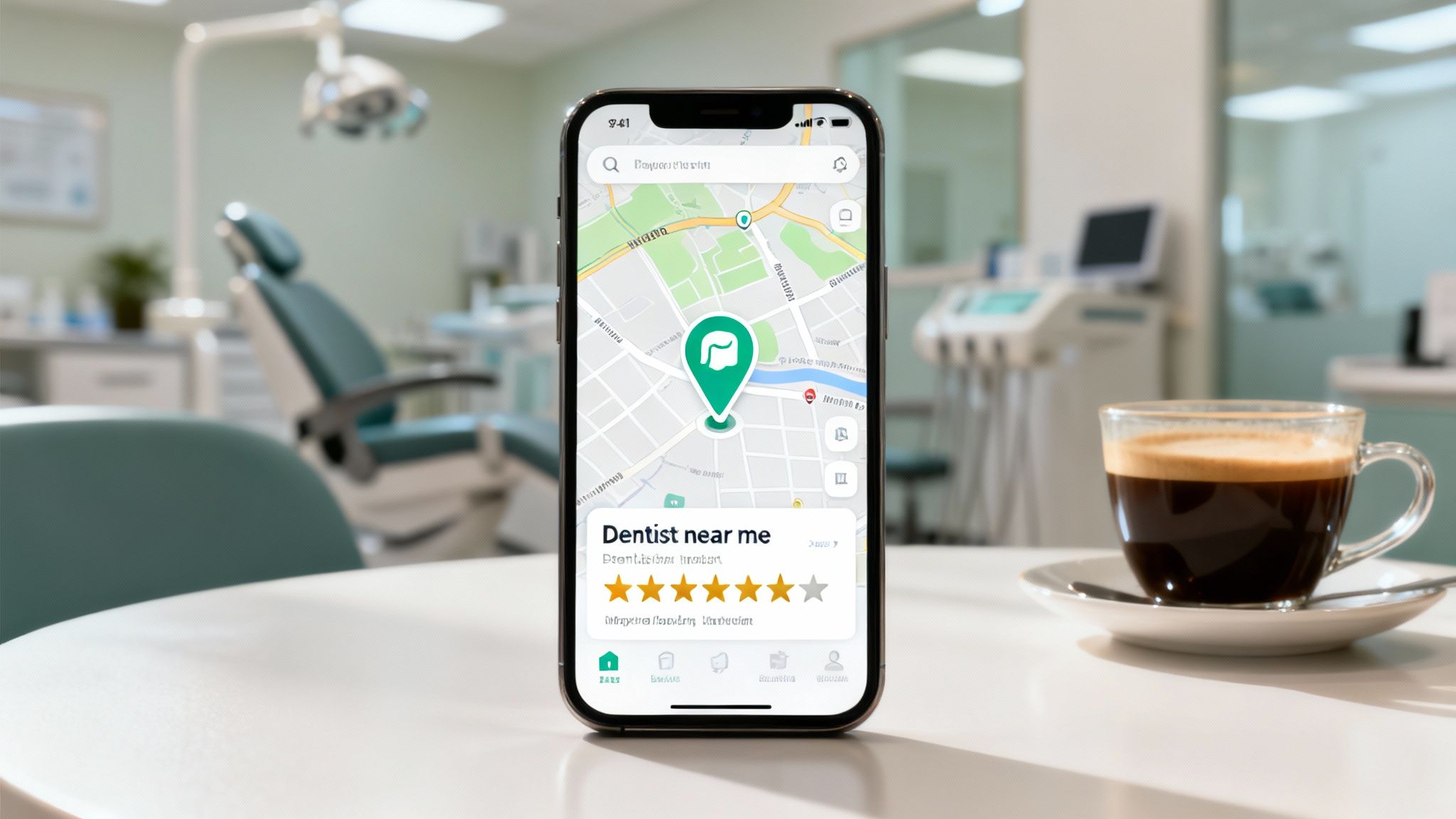 A smartphone displaying a map app with 'Dentist near me' in a modern dental clinic, next to a coffee cup.