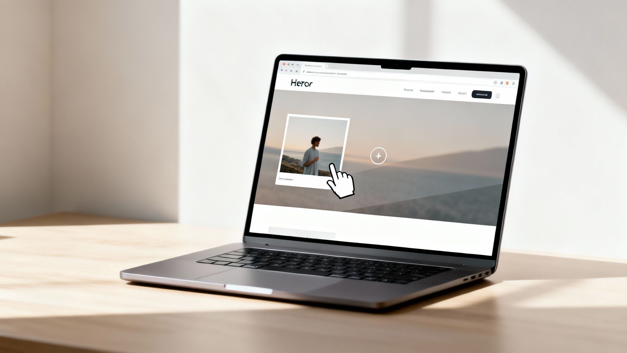 A modern laptop displaying a website with an image of a man by the sea and a cursor.
