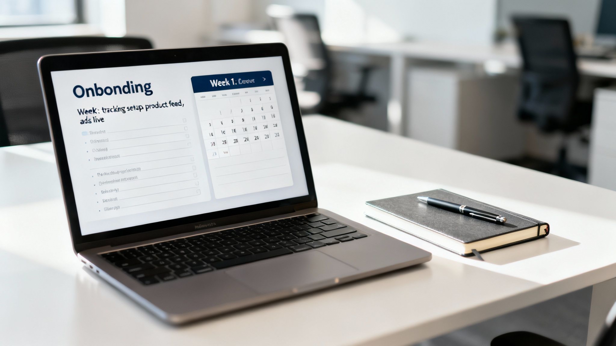 A laptop on a white desk displaying an 'Onboarding' screen with tasks and a calendar in an office.