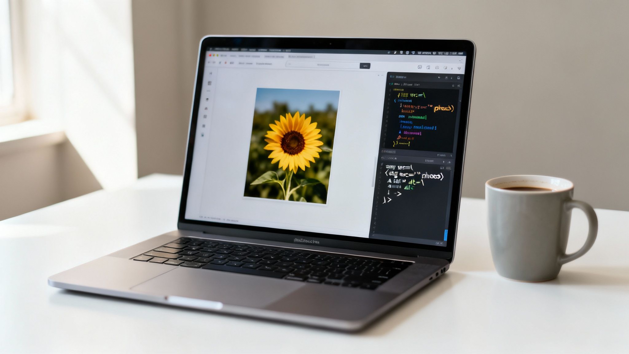 A laptop on a white desk displays a sunflower image and lines of code, with a coffee mug nearby.