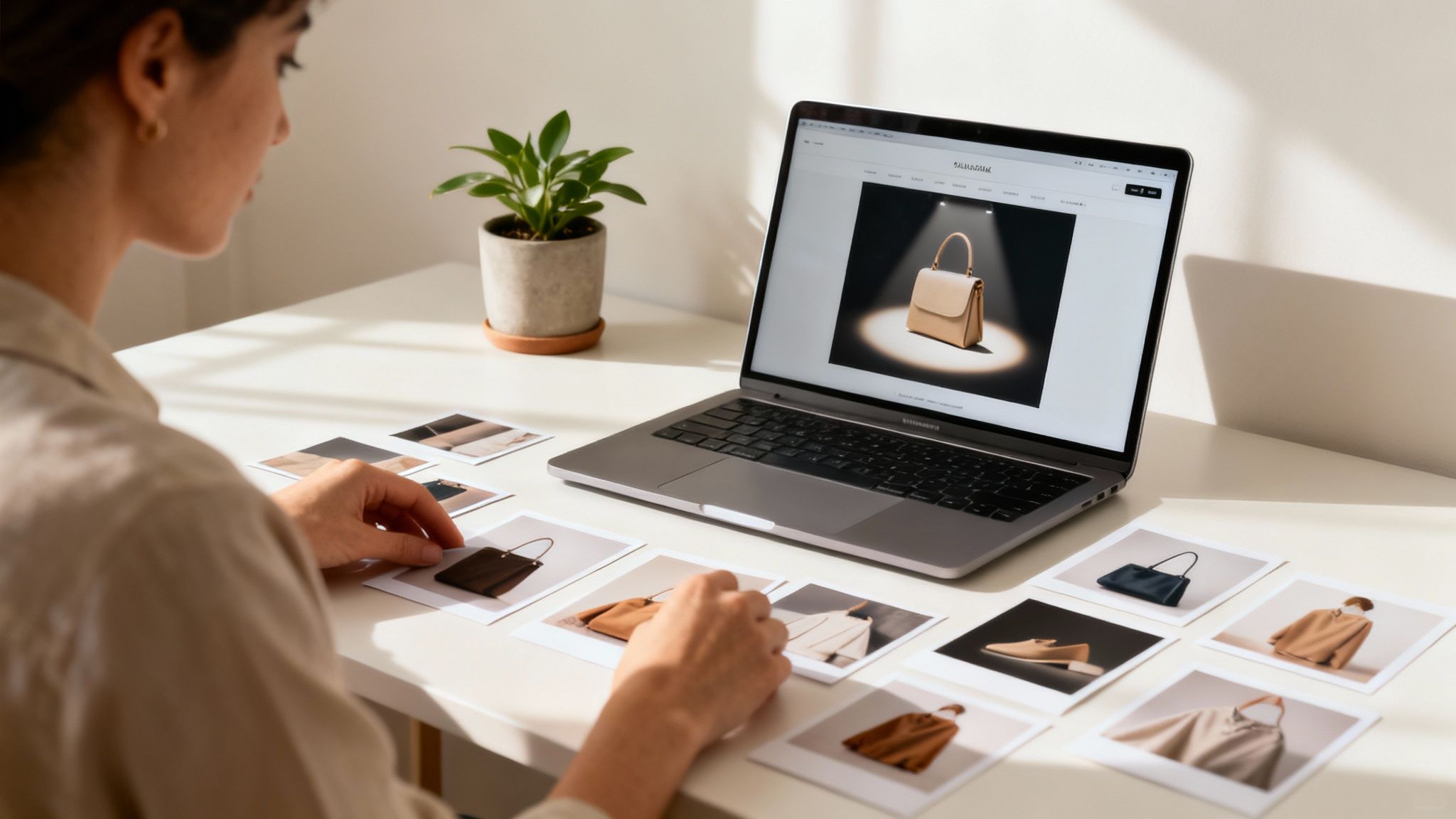 Person reviewing various fashion product photos and an e-commerce website on a laptop at a desk.