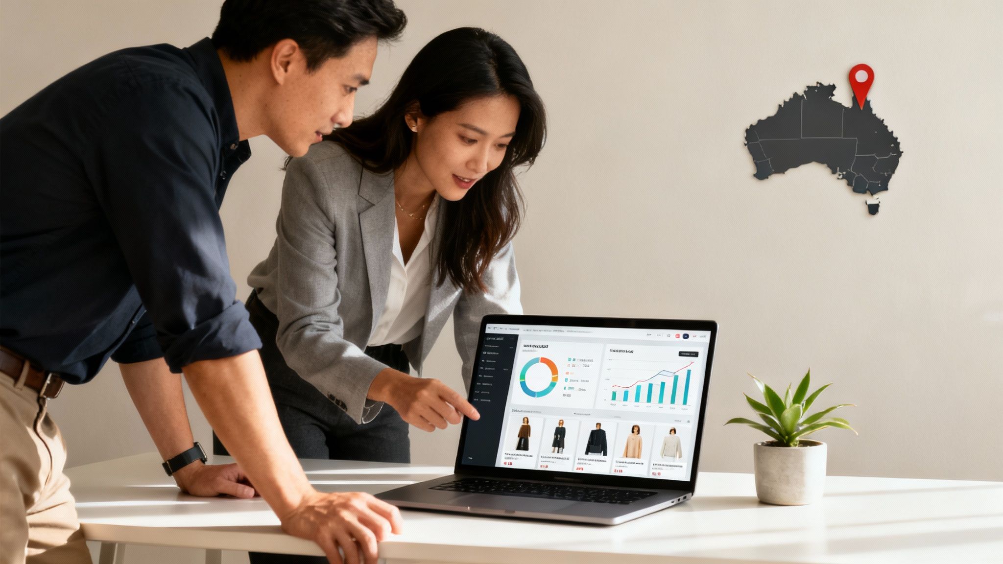 An Australian ecommerce business owner reviewing their store's growth on a tablet.