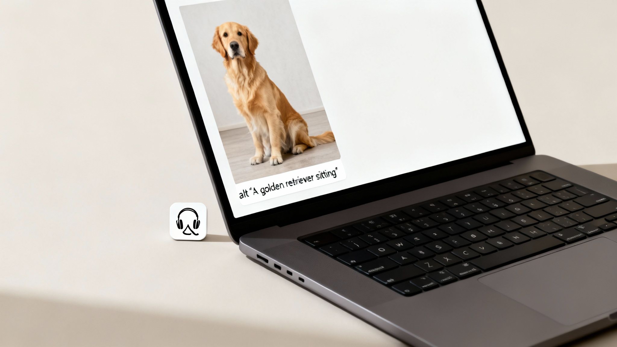 A magnifying glass hovering over the alt text attribute in a line of HTML code, highlighting its importance.