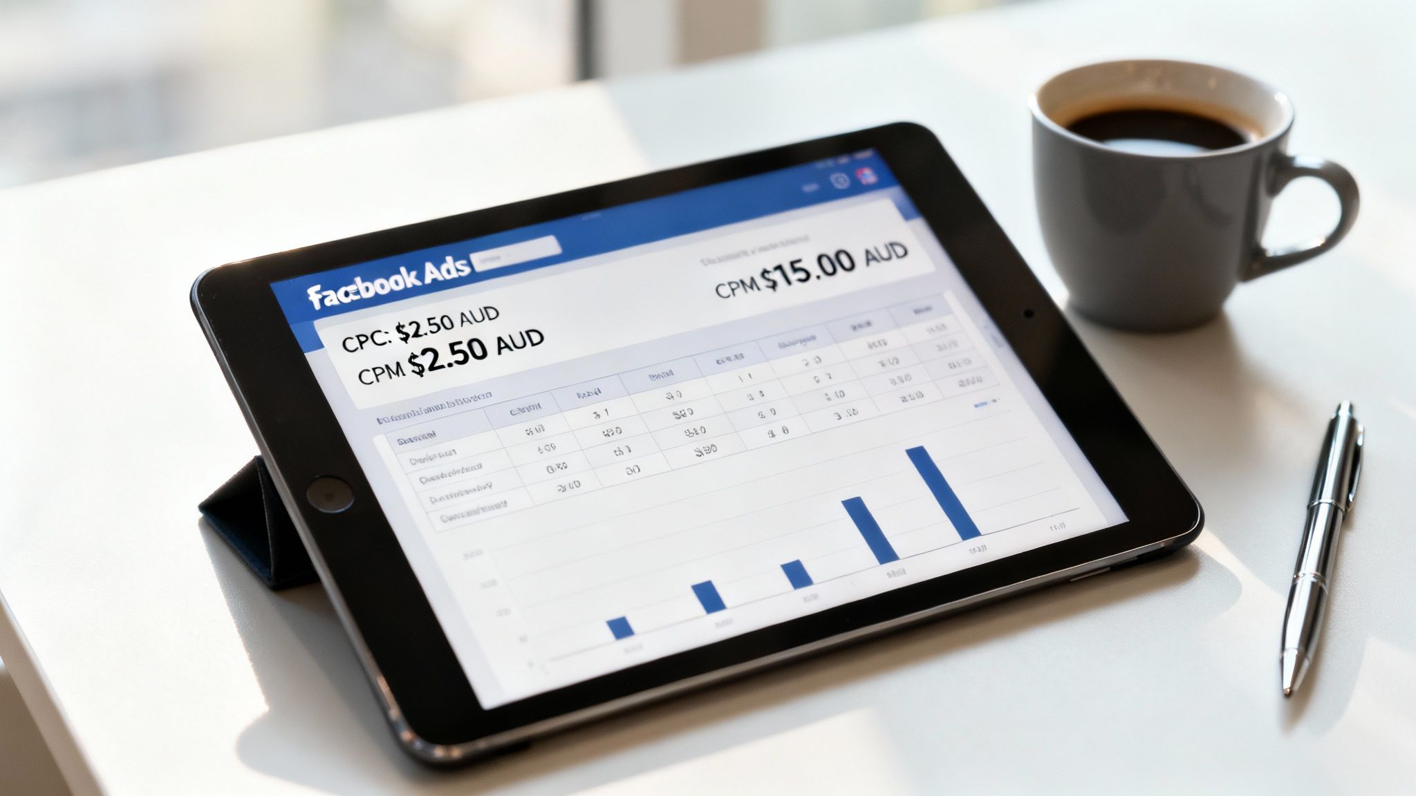 A person analysing advertising cost data on a laptop and tablet, representing Facebook advertising costs.