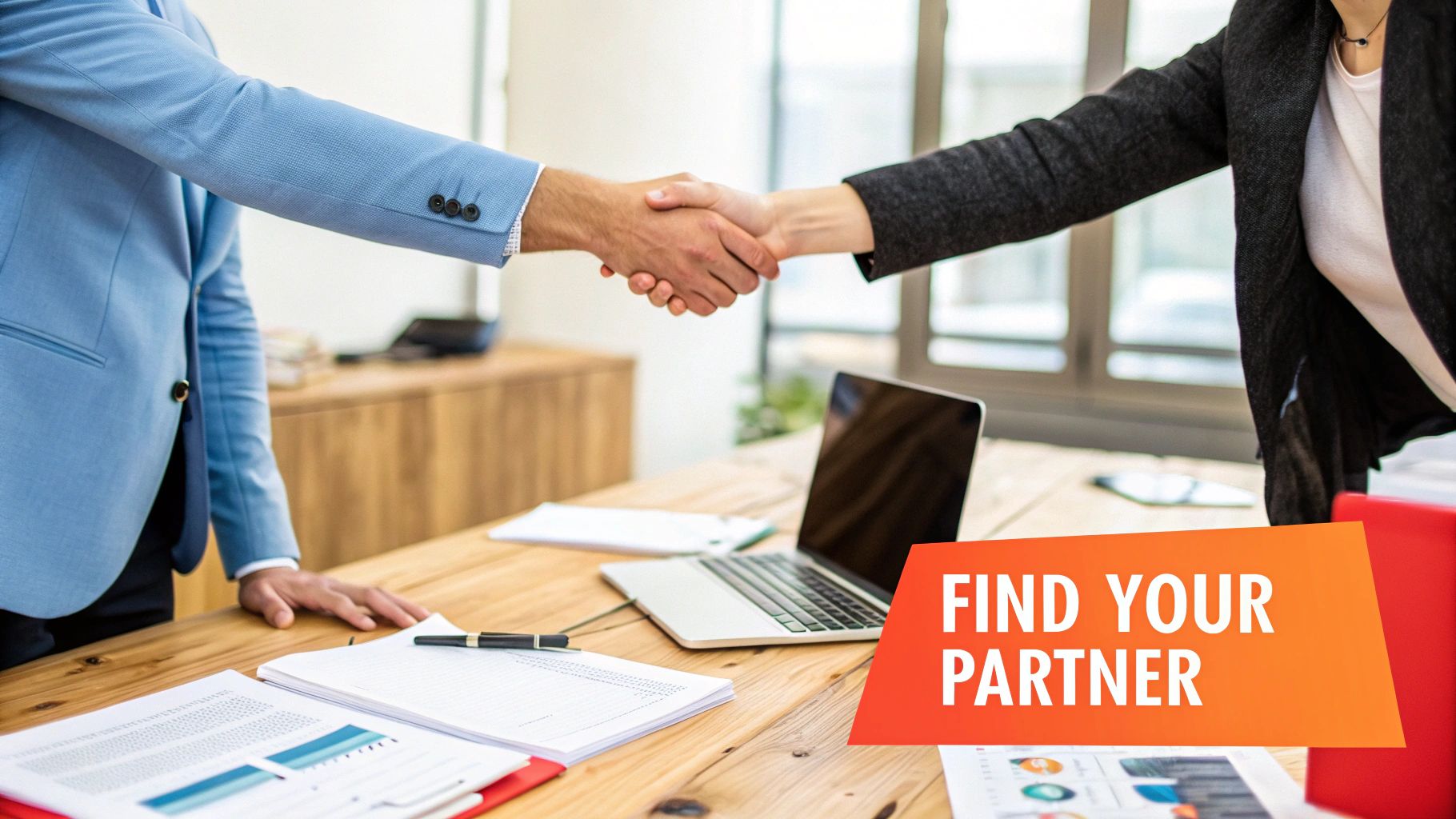 A person's hand signing a contract on a wooden desk, symbolizing the commitment of choosing a business partner.