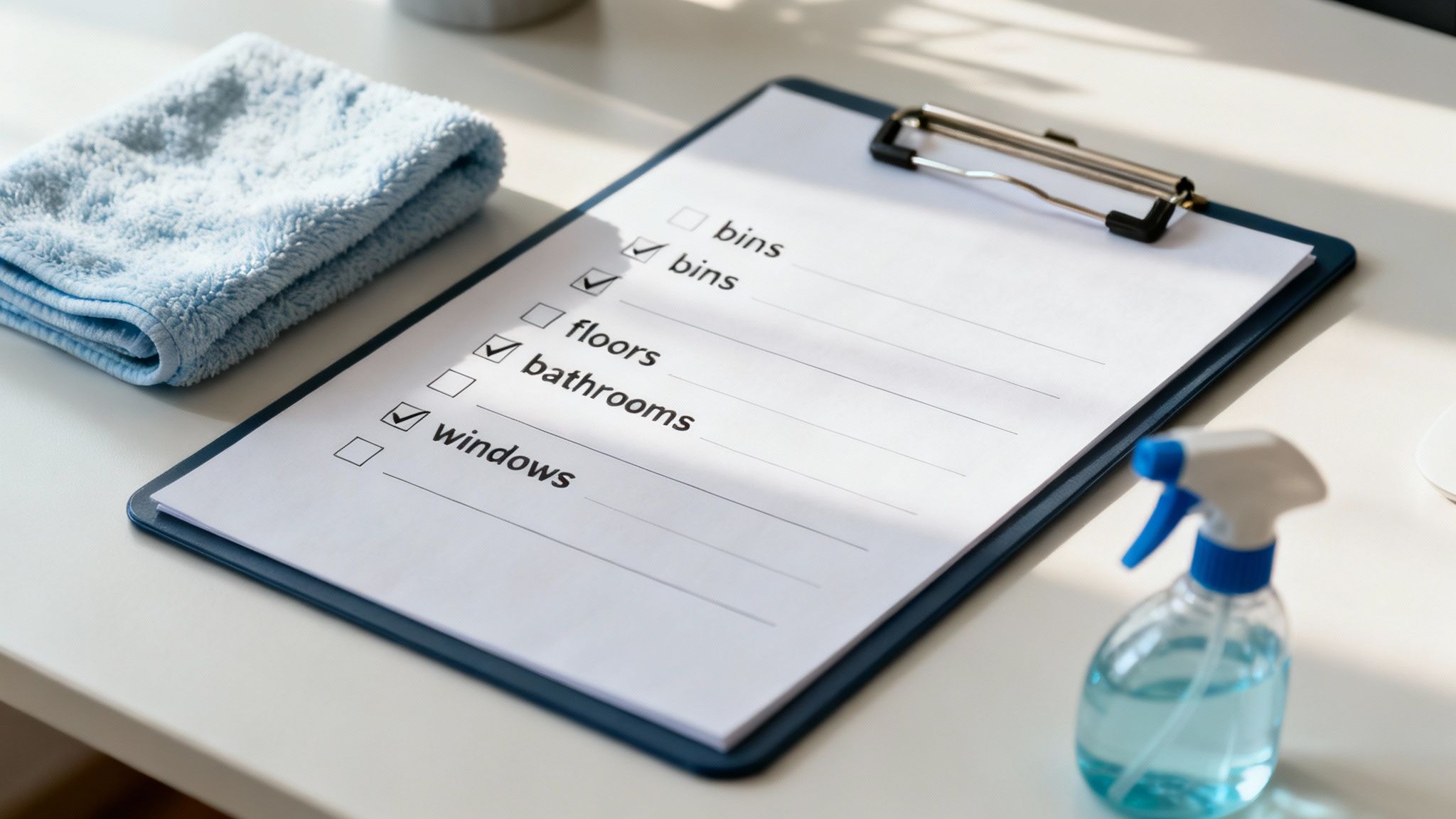 A business owner shaking hands with a cleaning professional in a bright, clean office.