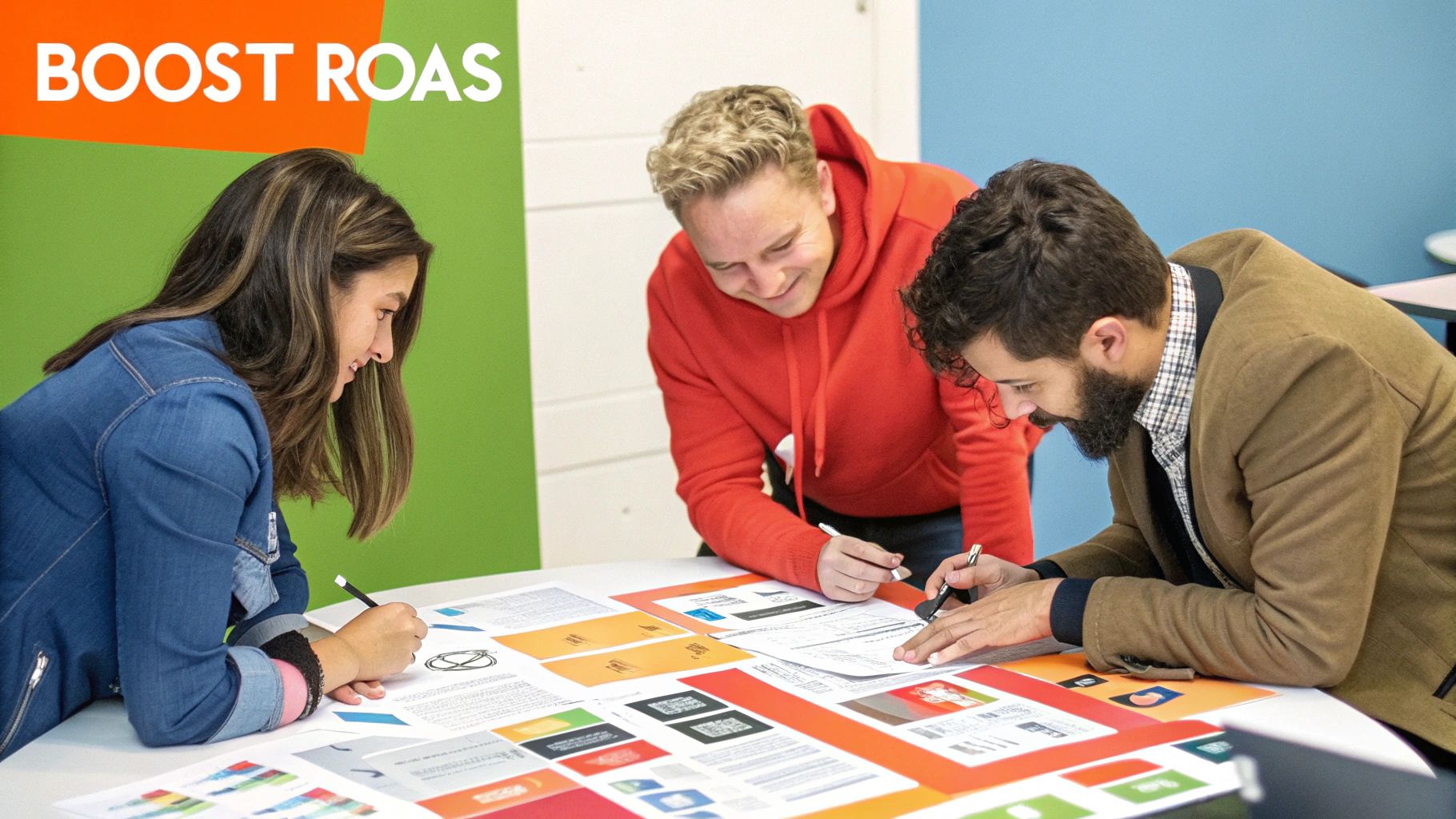 An analyst reviewing a dashboard with various charts and graphs, pointing to an upward-trending line representing improved ROAS.