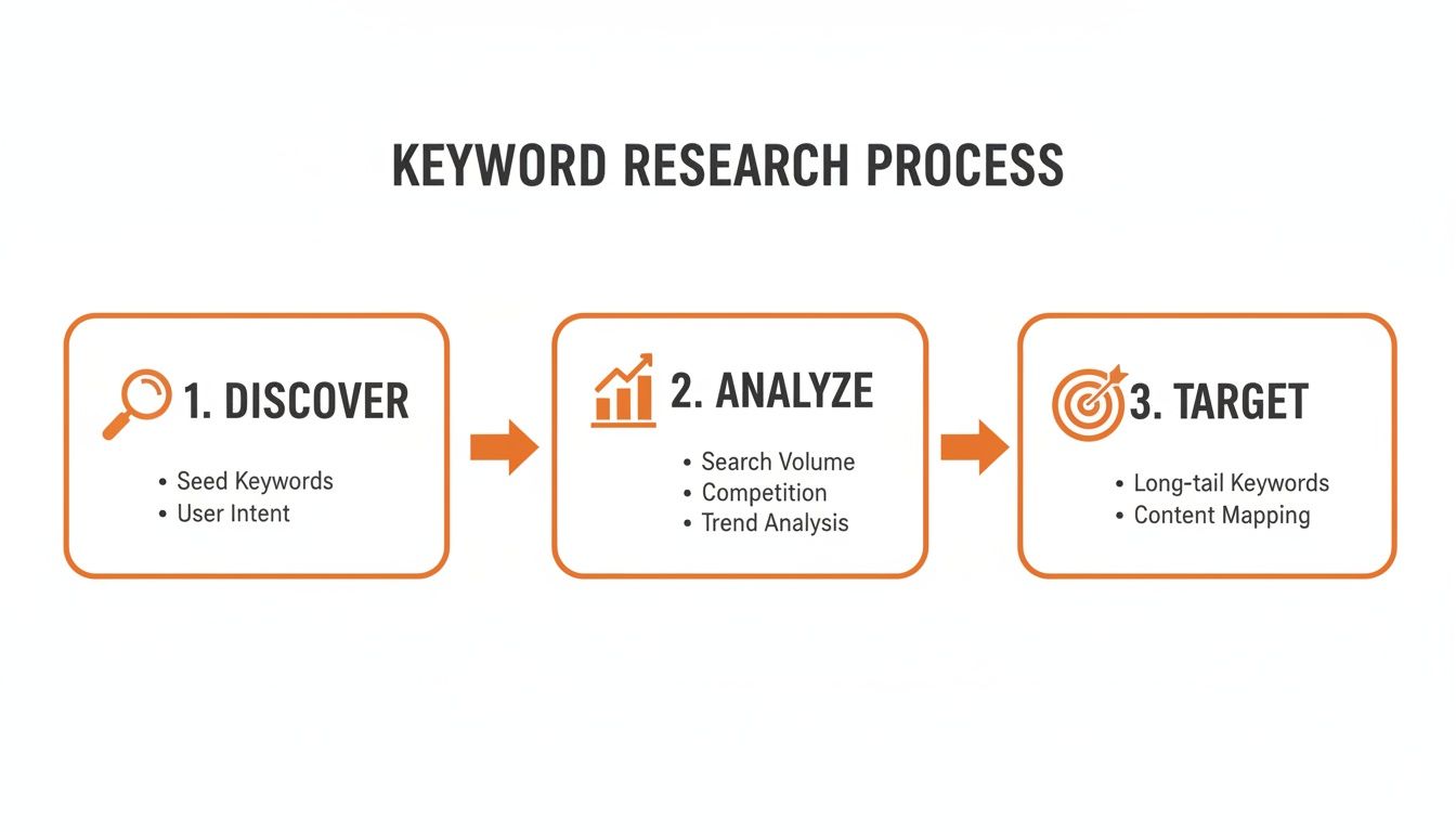 Infographic outlining a three-step keyword research process: Discover, Analyze, and Target for SEO strategy.