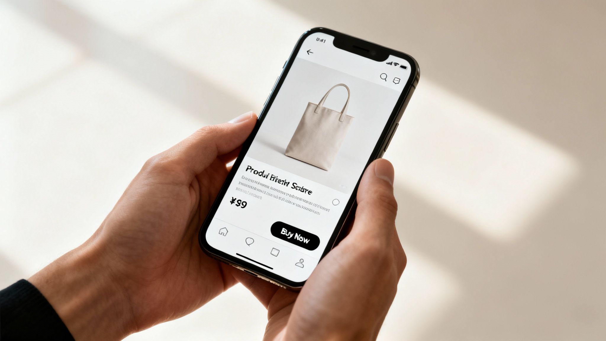 A person's hands hold a smartphone displaying an e-commerce page for a beige tote bag, with a 'Buy Now' button.