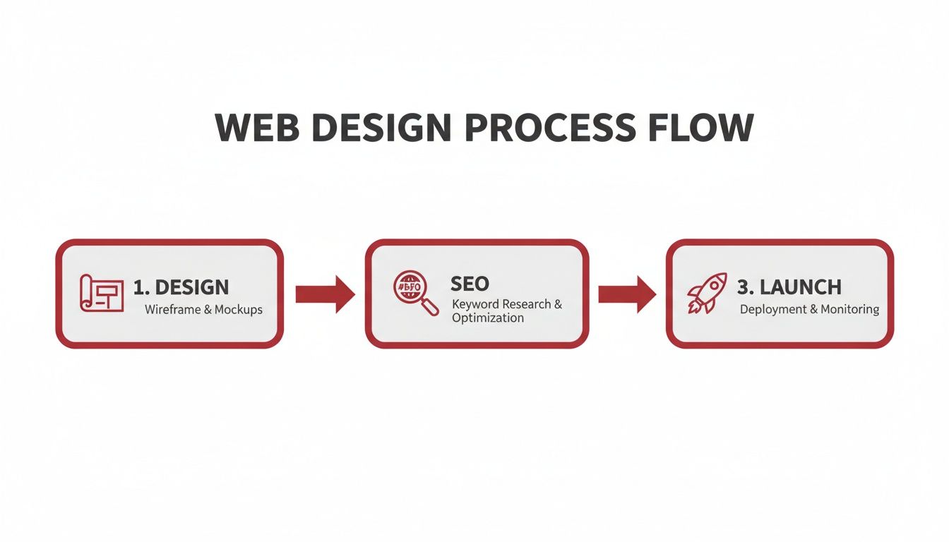 A flowchart illustrating the three-step web design process: design, SEO, and launch.