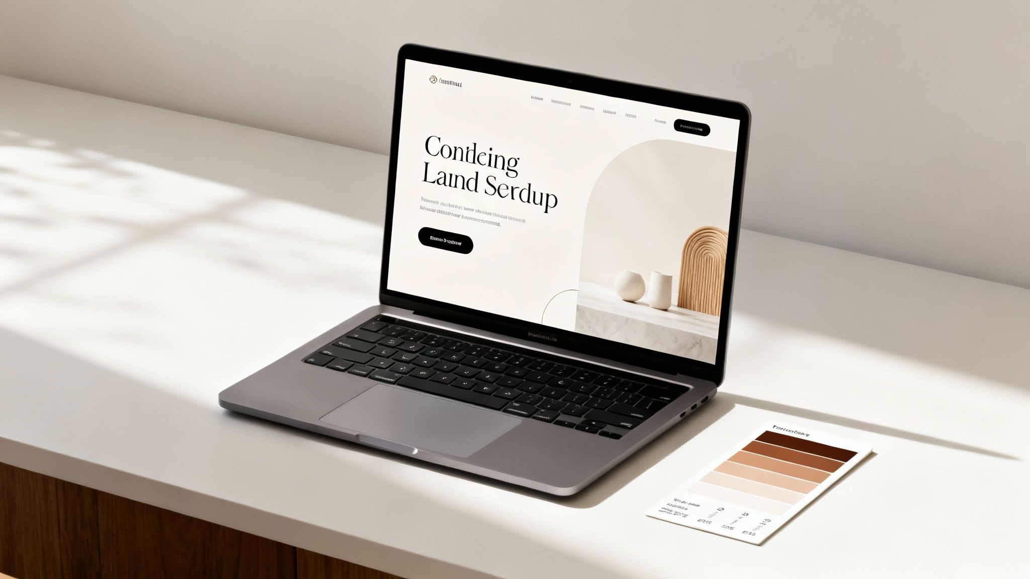 MacBook Pro on a white desk, displaying a clean website design with a neutral color palette, next to a color swatch card.