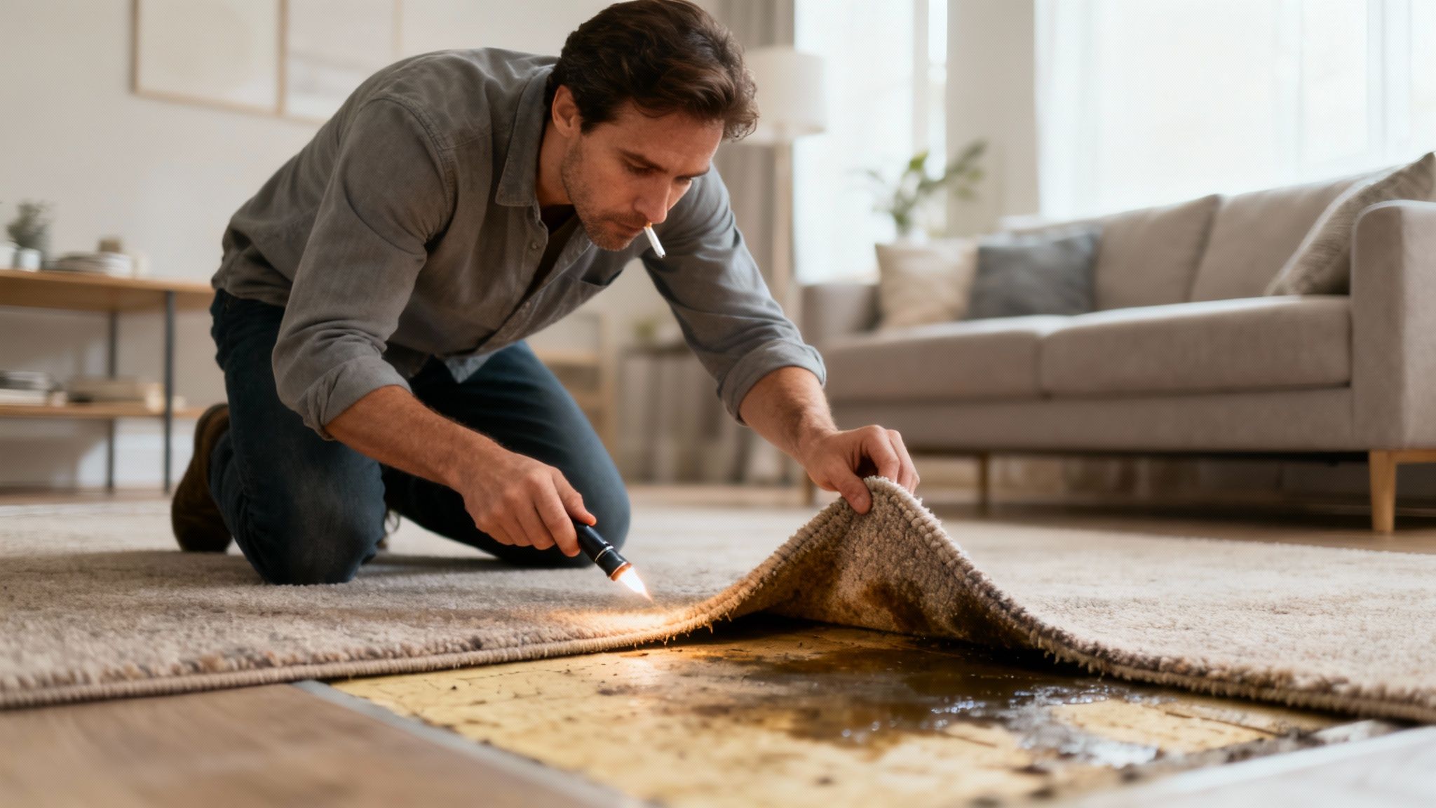 A person kneeling on a carpet, pulling back a corner to inspect the underlay for mould.