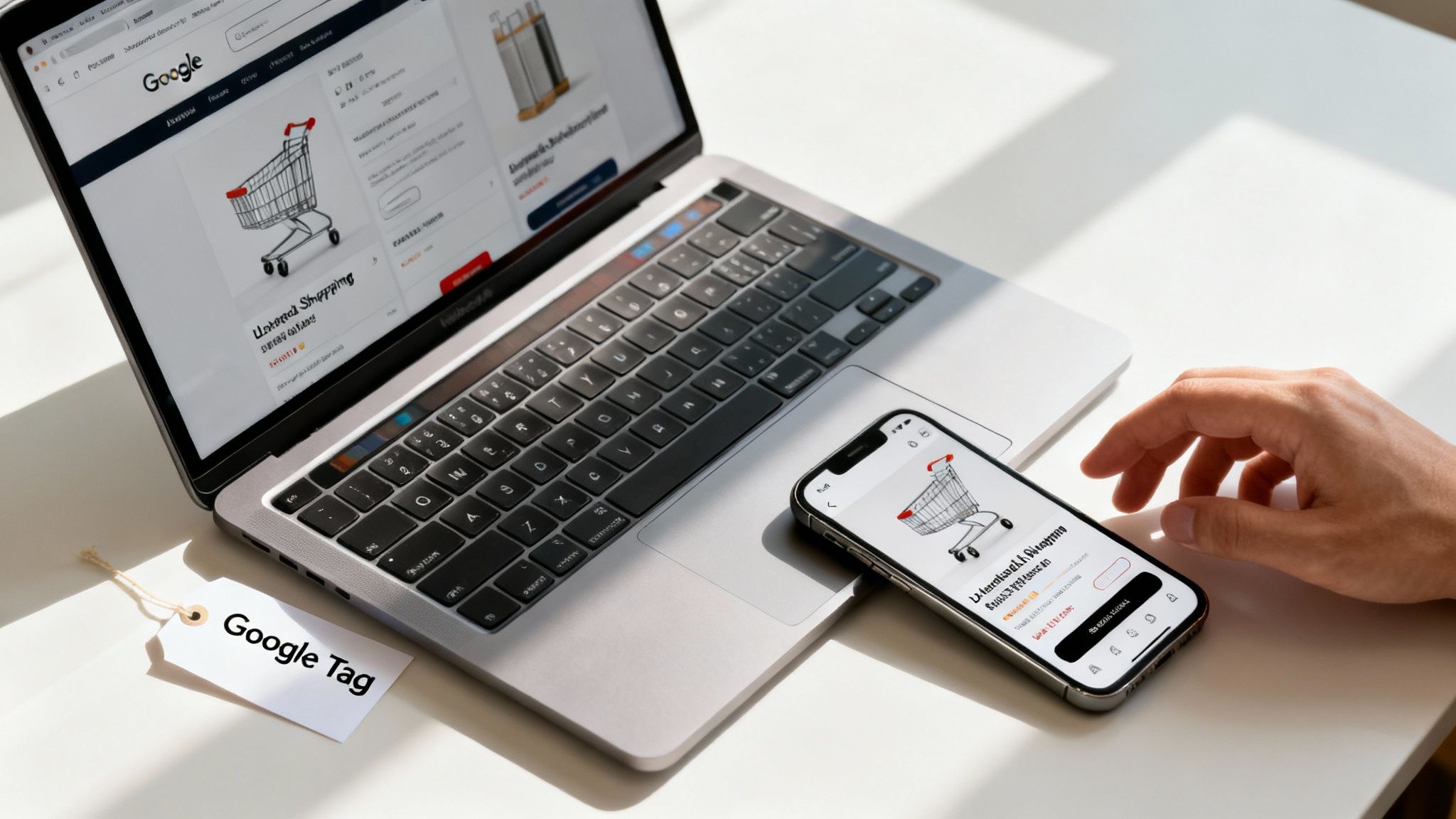 A laptop and smartphone displaying online shopping carts, alongside a 'Google Tag' label, highlighting digital marketing.