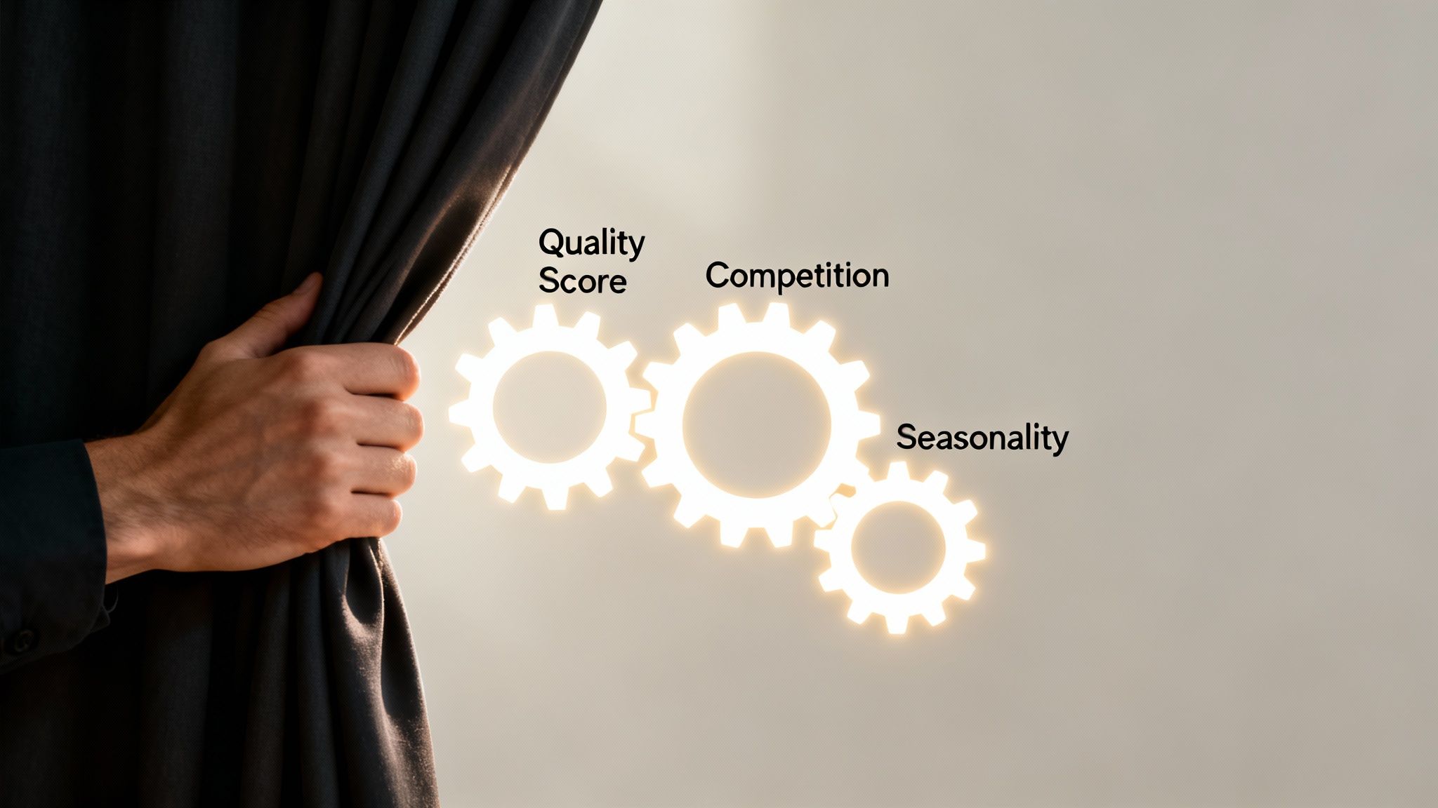 A hand pulls back a curtain to reveal three glowing gears labeled Quality Score, Competition, and Seasonality.