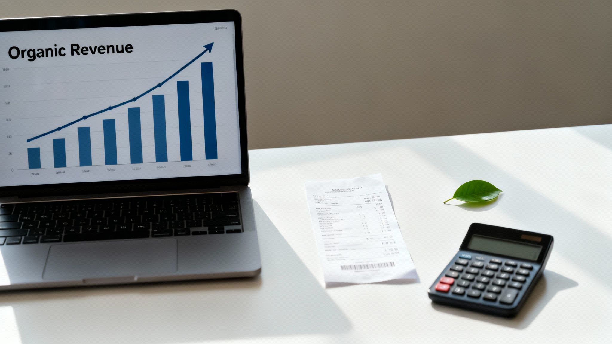 Laptop displaying 'Organic Revenue' growth chart, a receipt, calculator, and a green leaf on a desk.