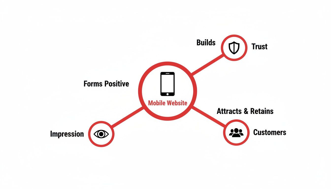 Diagram illustrating the benefits of a mobile website, including forming positive impressions, building trust, and attracting and retaining customers.