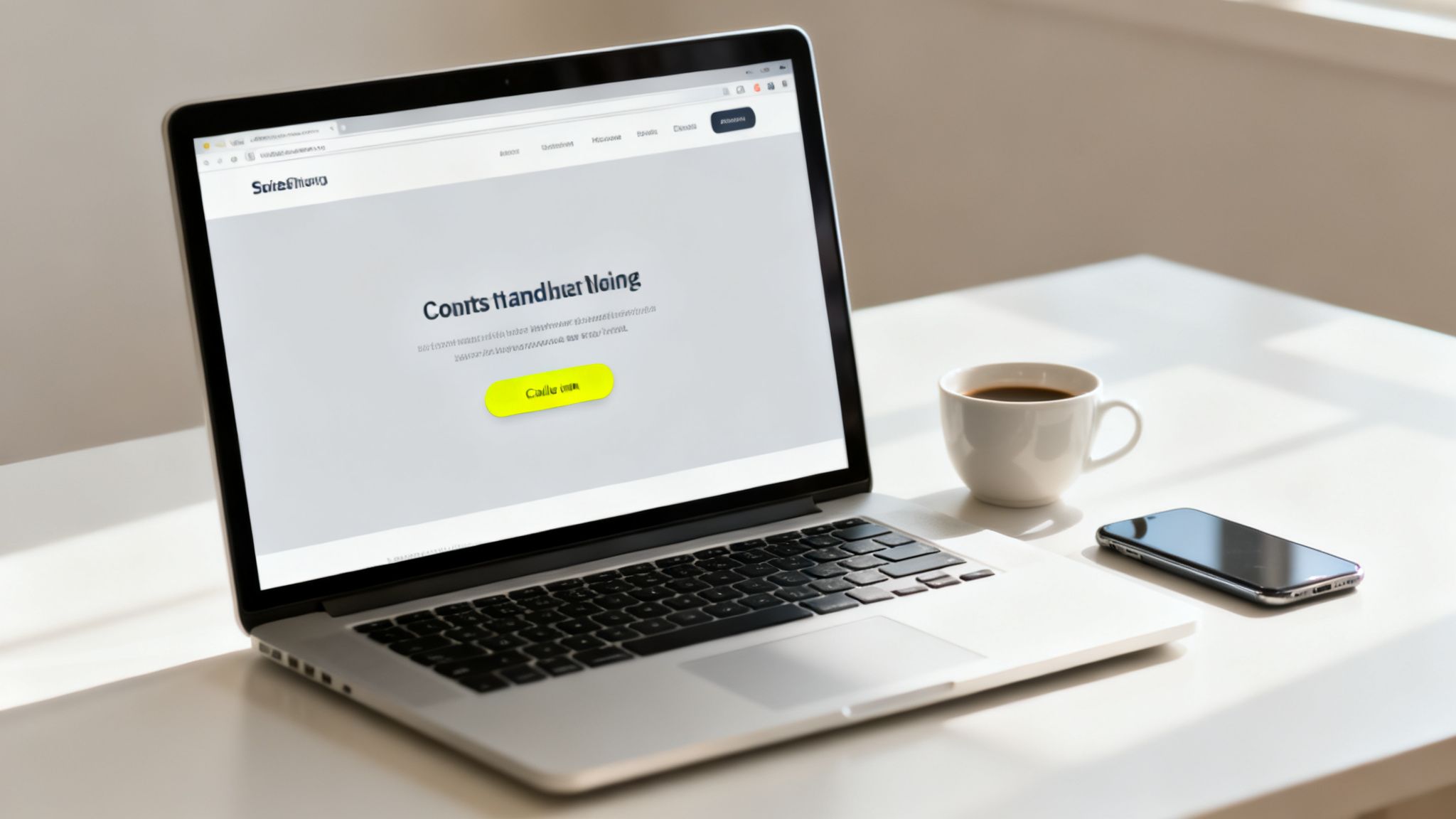 A bright workspace with a laptop displaying a website, a coffee cup, and a smartphone.