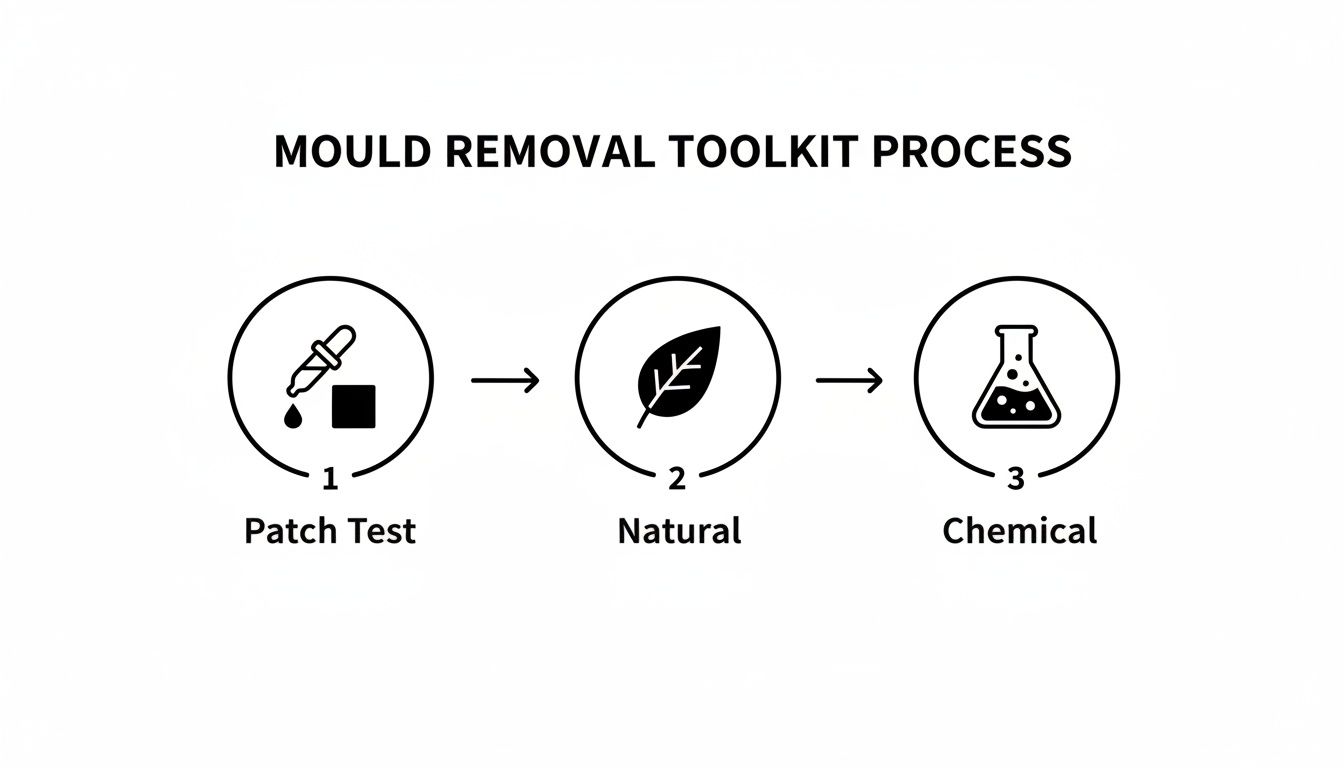 Diagram illustrating the three-step mould removal toolkit process: Patch Test, Natural, and Chemical.