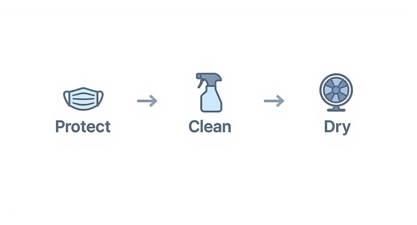 A sequence of icons: a face mask for 'Protect', an arrow, a spray bottle for 'Clean', an arrow, and a fan for 'Dry'.