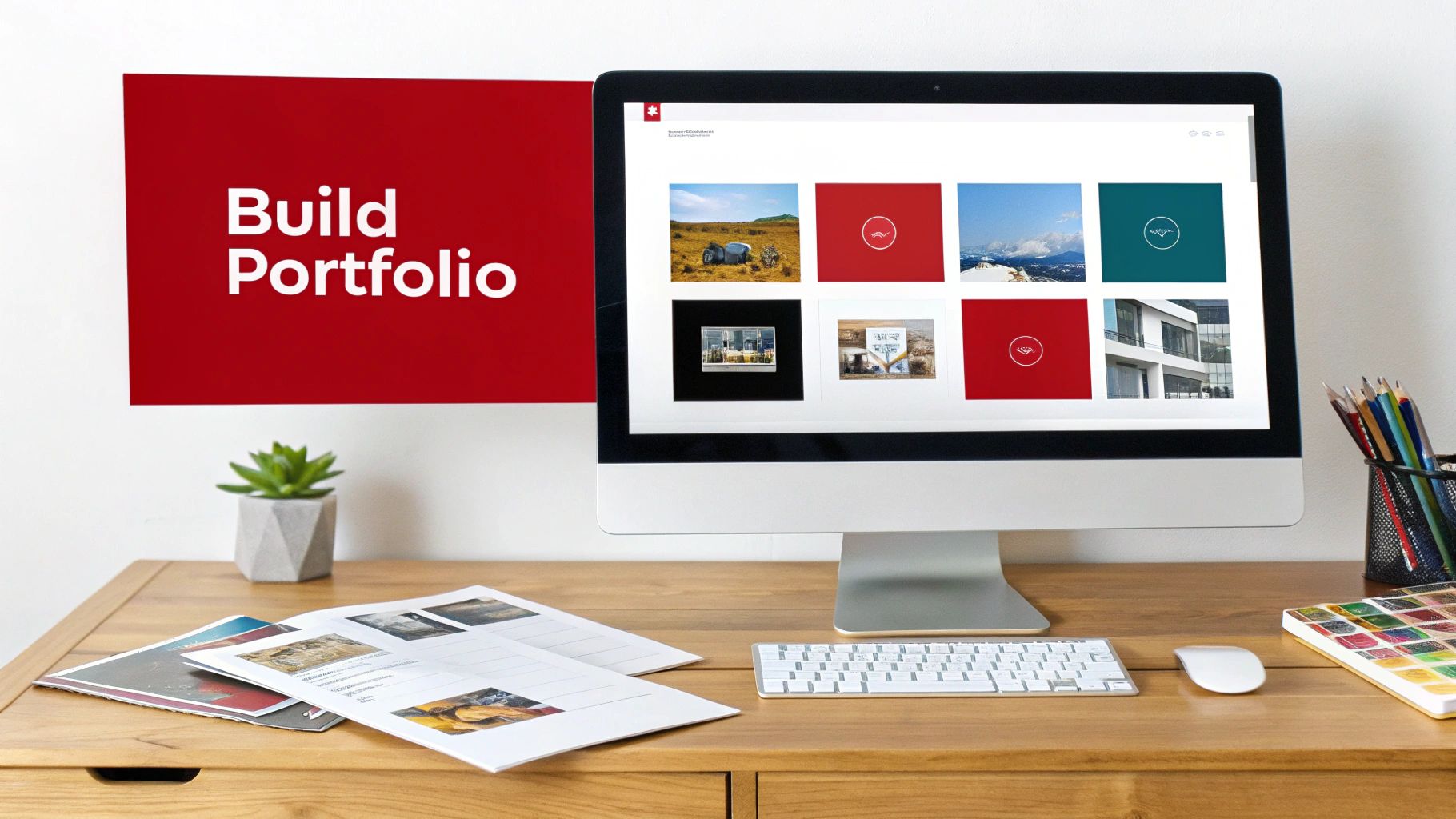 A confident web designer working on a laptop in a bright, modern office space.