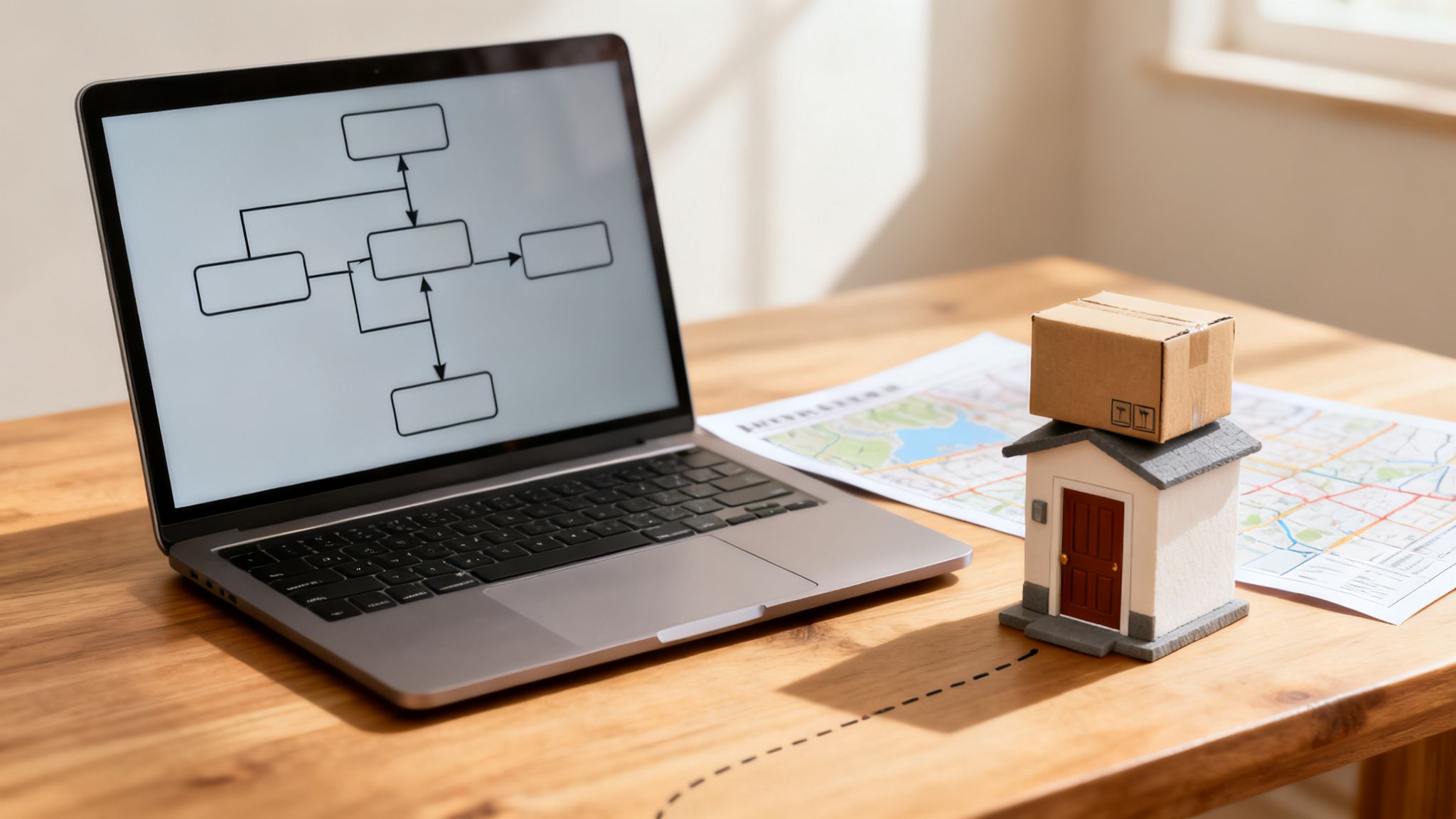 A laptop shows a sitemap diagram next to a miniature house model with a package and a map on a wooden table.