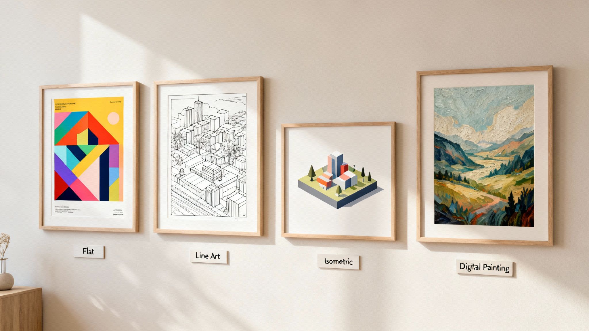 Four framed illustrations on a wall, showcasing different art styles: flat, line art, isometric, and digital painting.