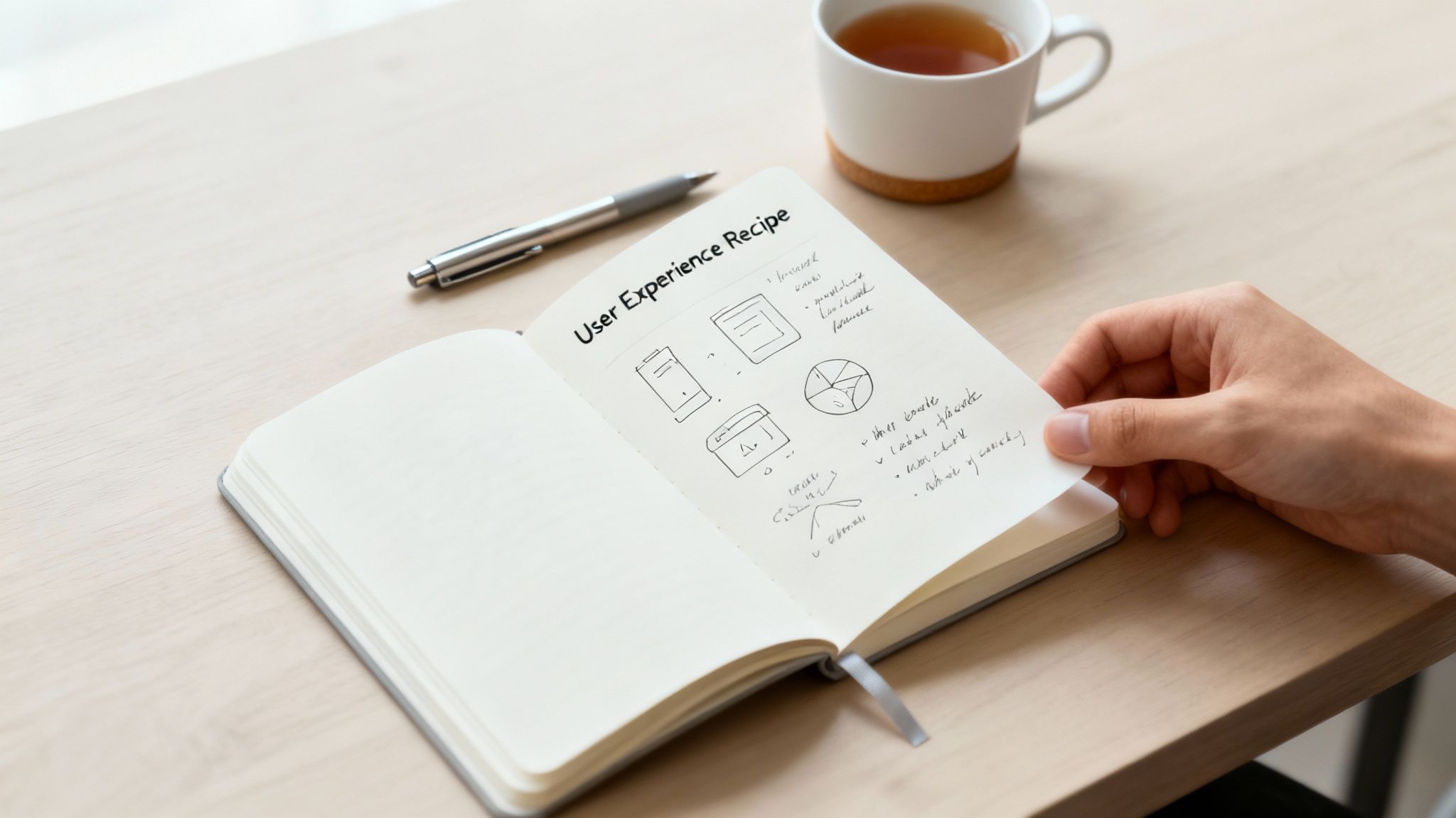 A team collaborating on a UX design project with sticky notes and sketches.