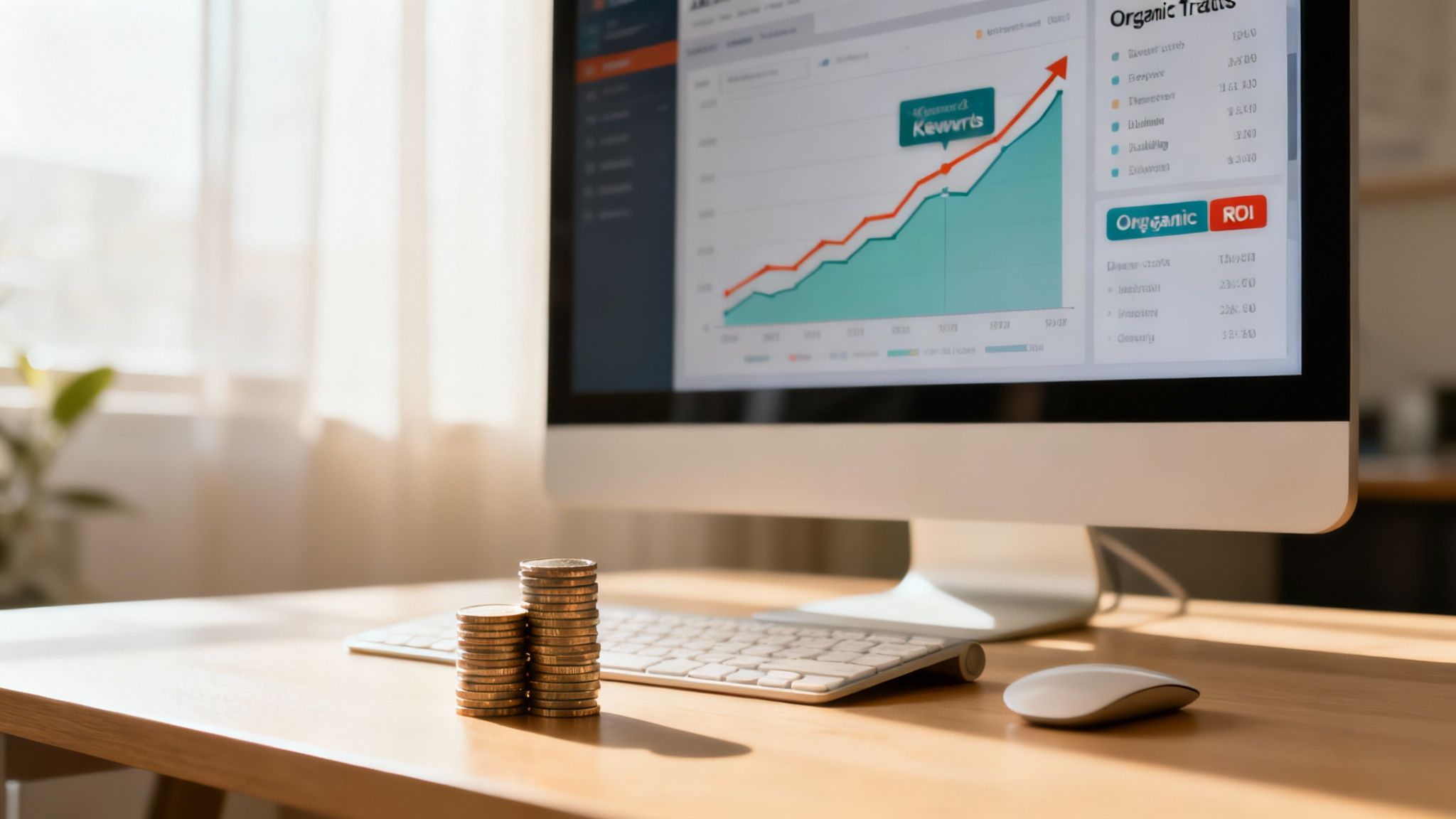Desktop monitor displaying SEO growth with rising organic traffic next to stacks of coins.