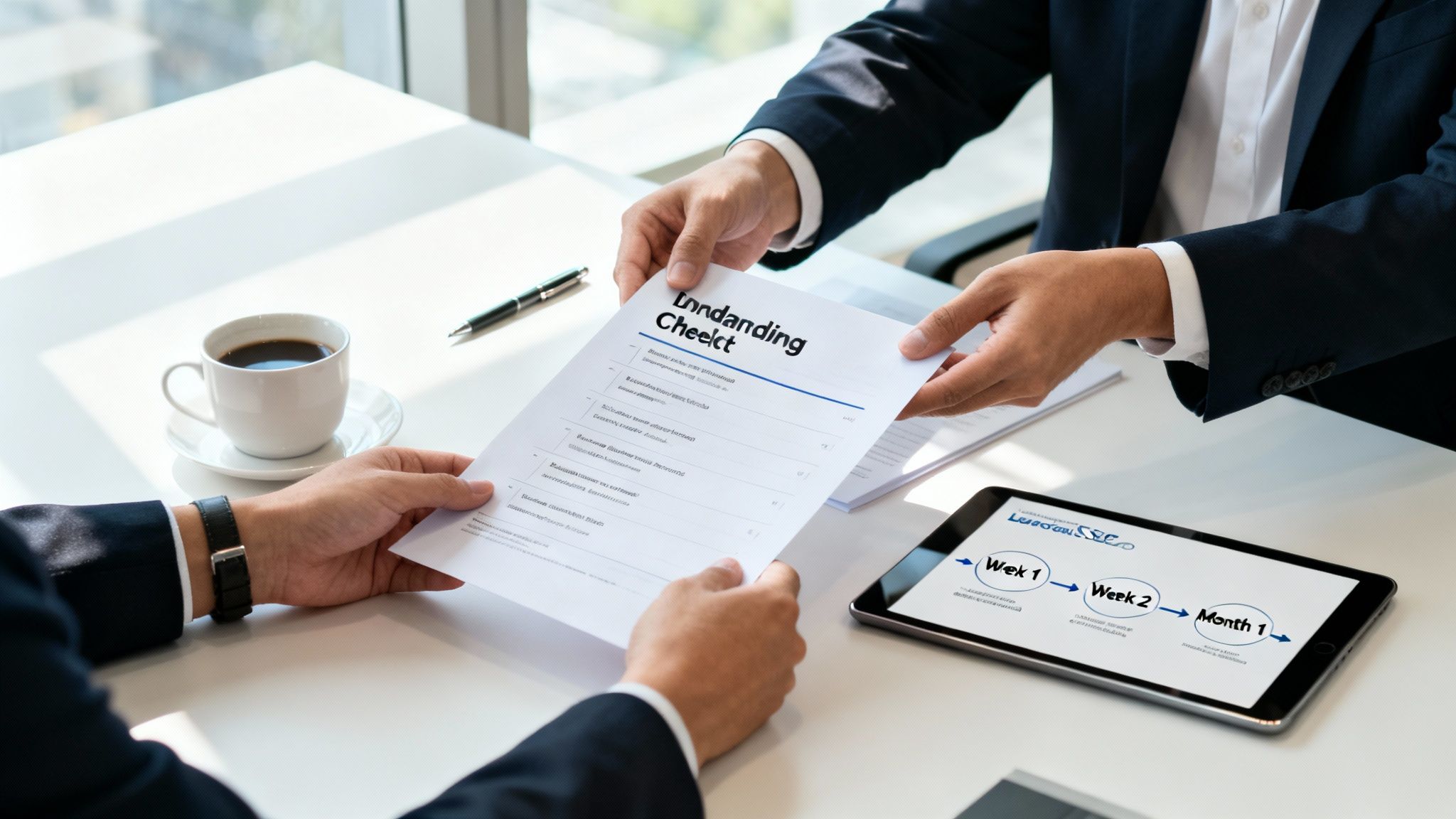 Two businessmen exchanging a document over a table, with a tablet showing a project timeline and a coffee cup.
