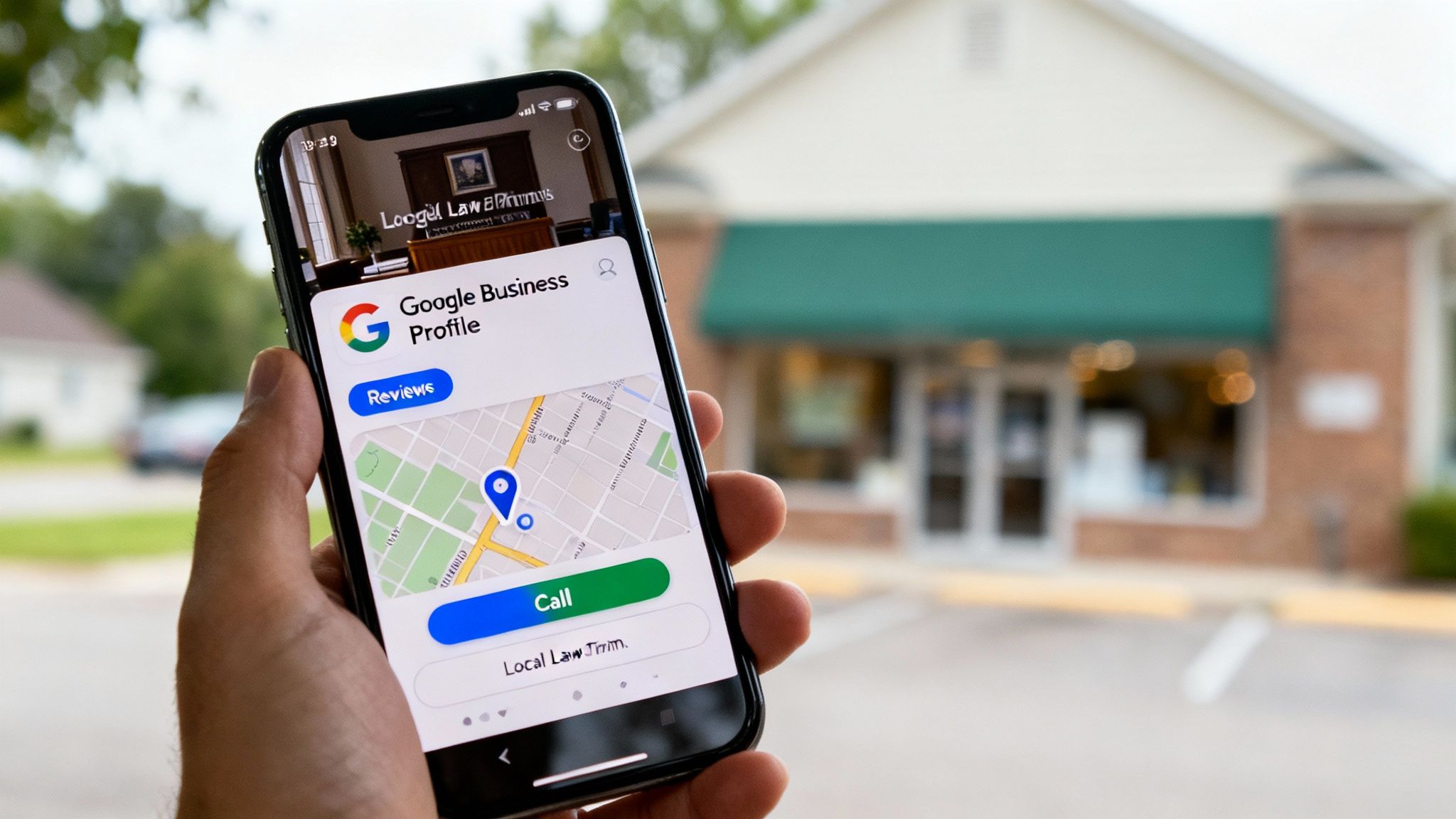 A hand holds a smartphone displaying a Google Business Profile for a local law firm.