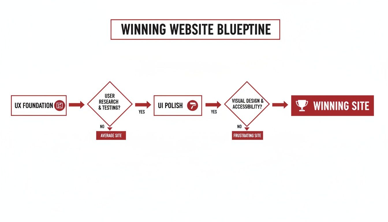 A flowchart detailing the winning website blueprint process from UX foundation to the final winning site.