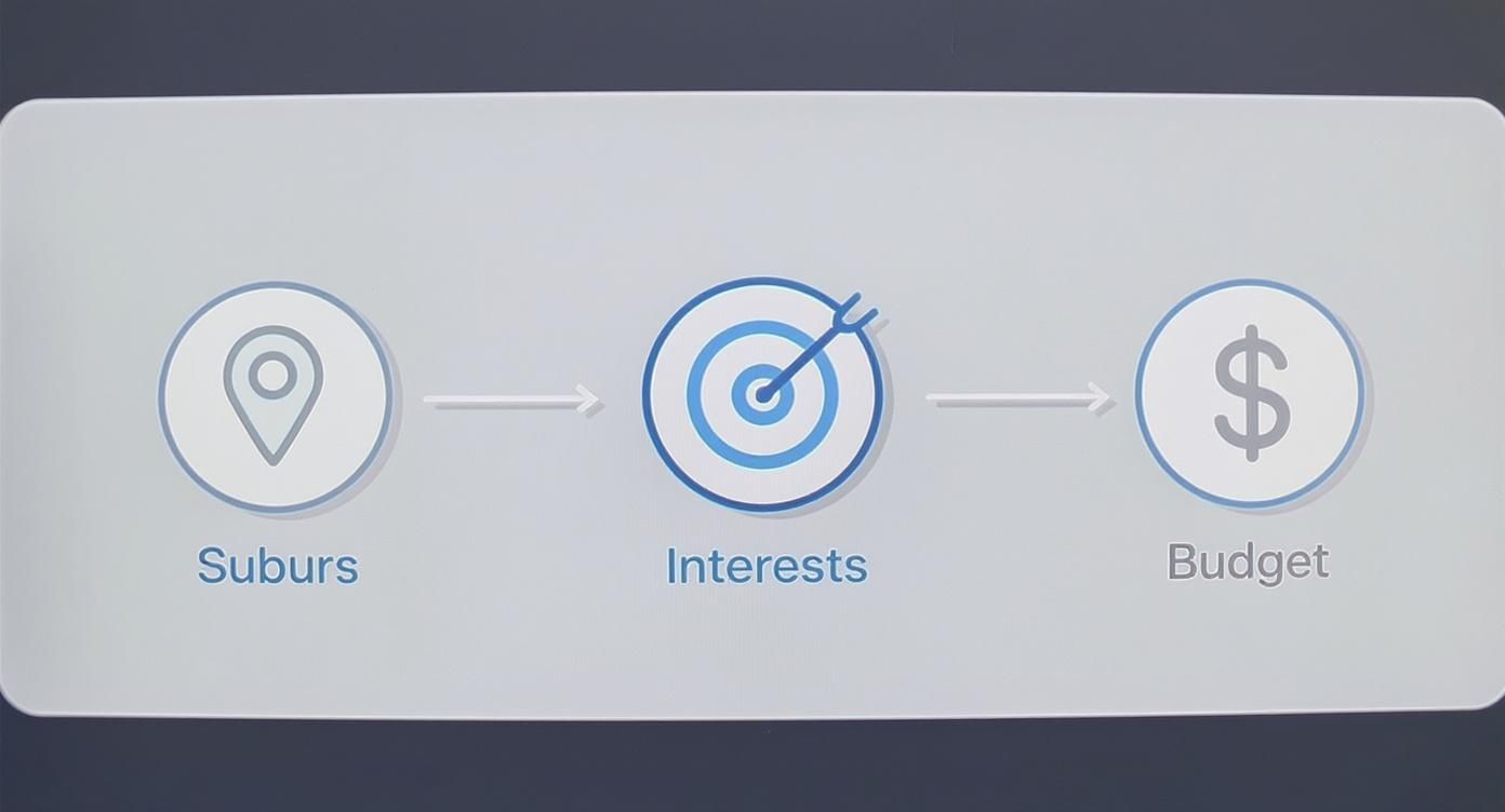 Three step process diagram showing suburbs location, interests target, and budget icons with arrows