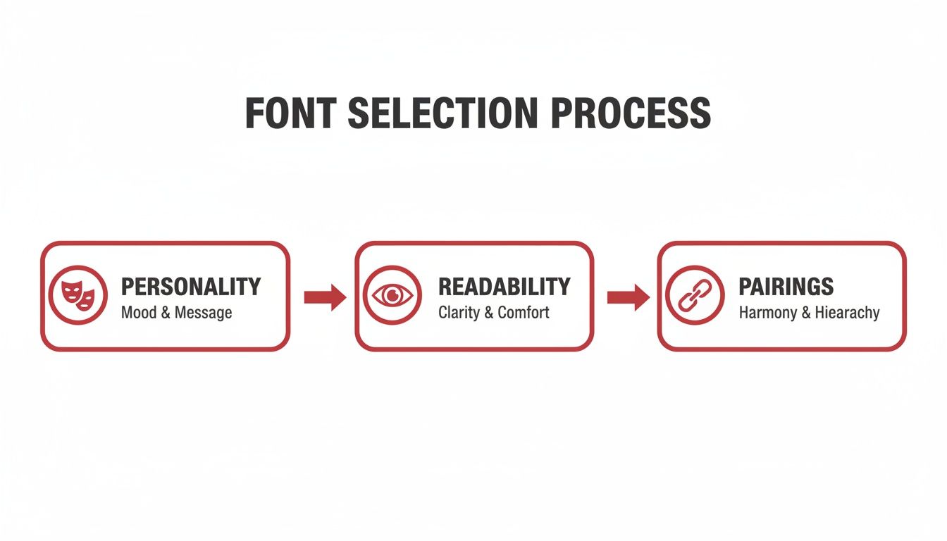 Diagram illustrating the font selection process, highlighting personality, readability, and pairings steps.