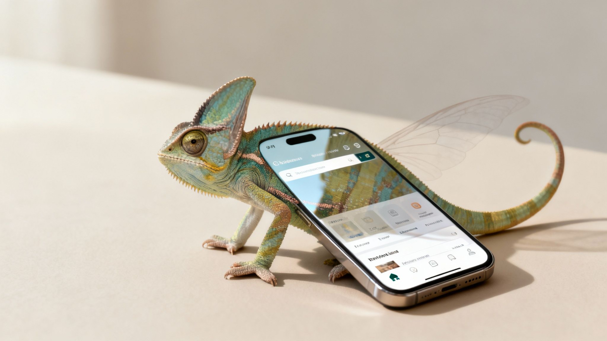 A vibrant chameleon with a smartphone on its back, featuring a search app and translucent wings.