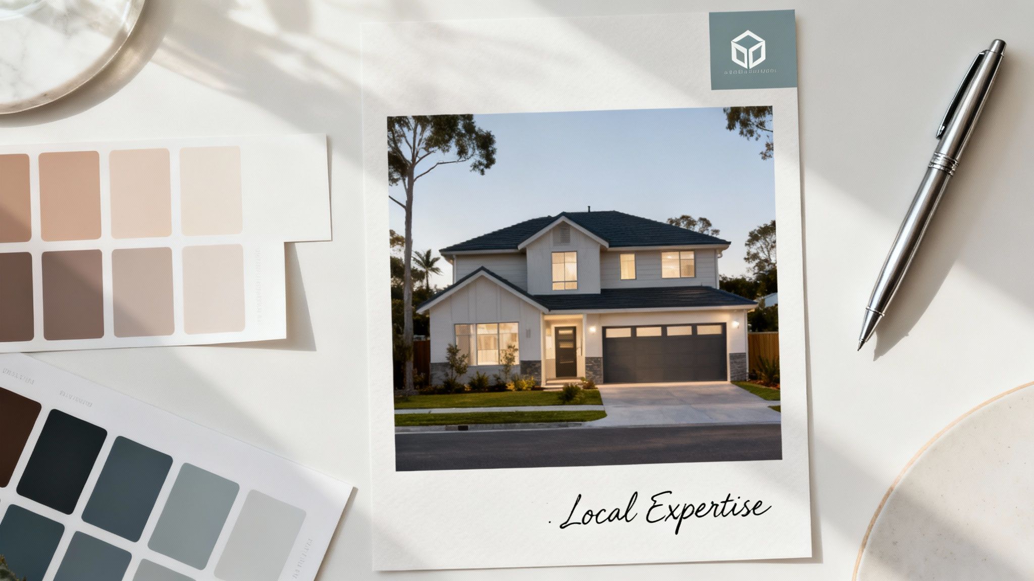 A professional real estate agent smiling warmly, with a modern, stylish home in the background.