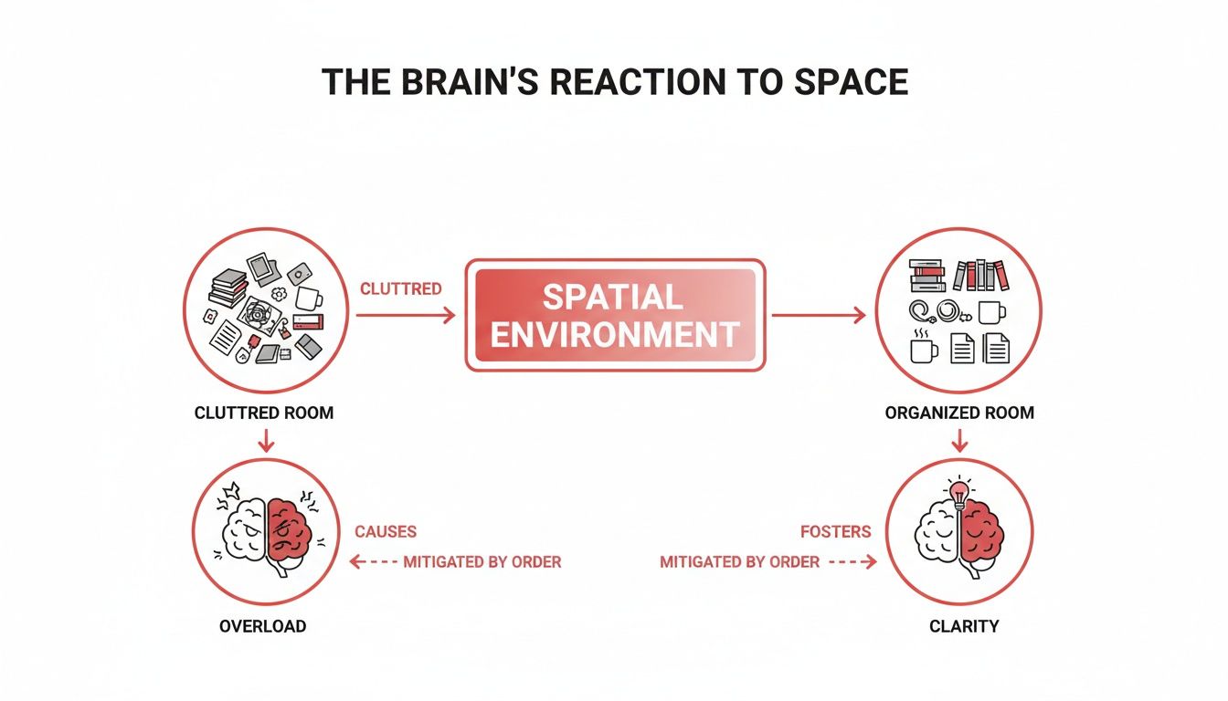 Infographic showing how cluttered spaces cause brain overload, while organized spaces foster mental clarity.