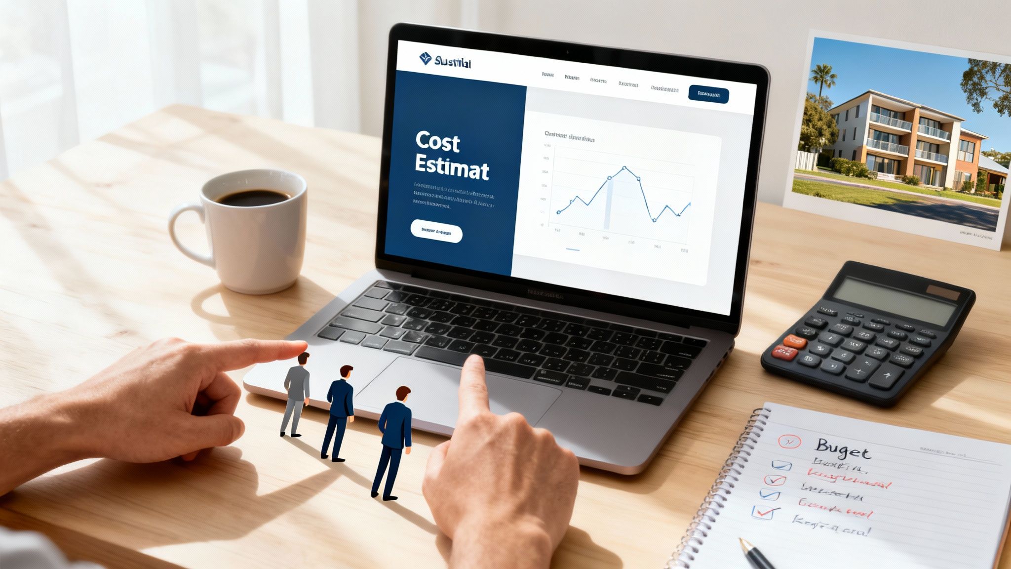 A desk with a laptop showing a real estate cost estimate, a building photo, calculator, and budget notes.
