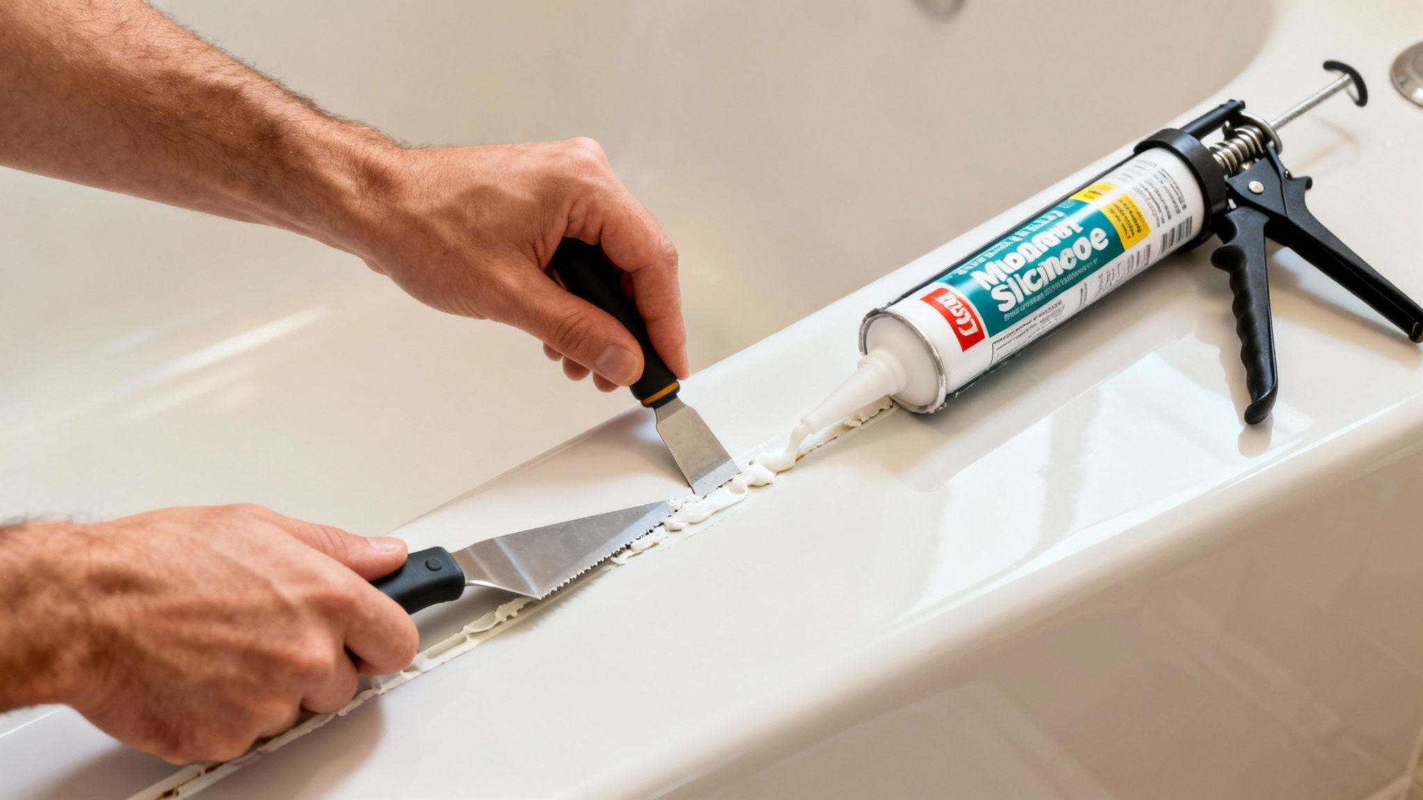 Hands scraping old silicone caulk from a bathtub, with a caulk gun nearby.