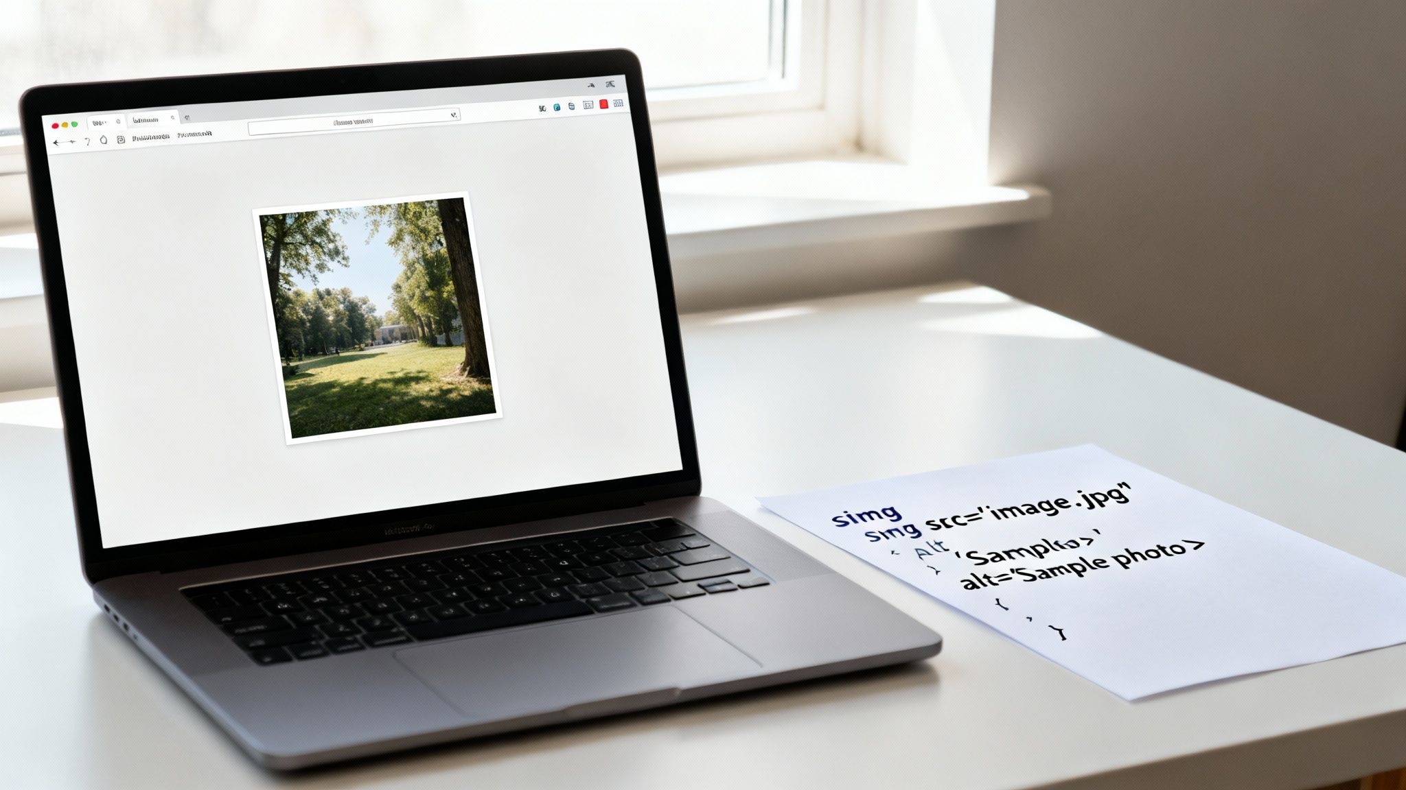 A laptop displaying a landscape photo on screen, with HTML image embedding code on paper.